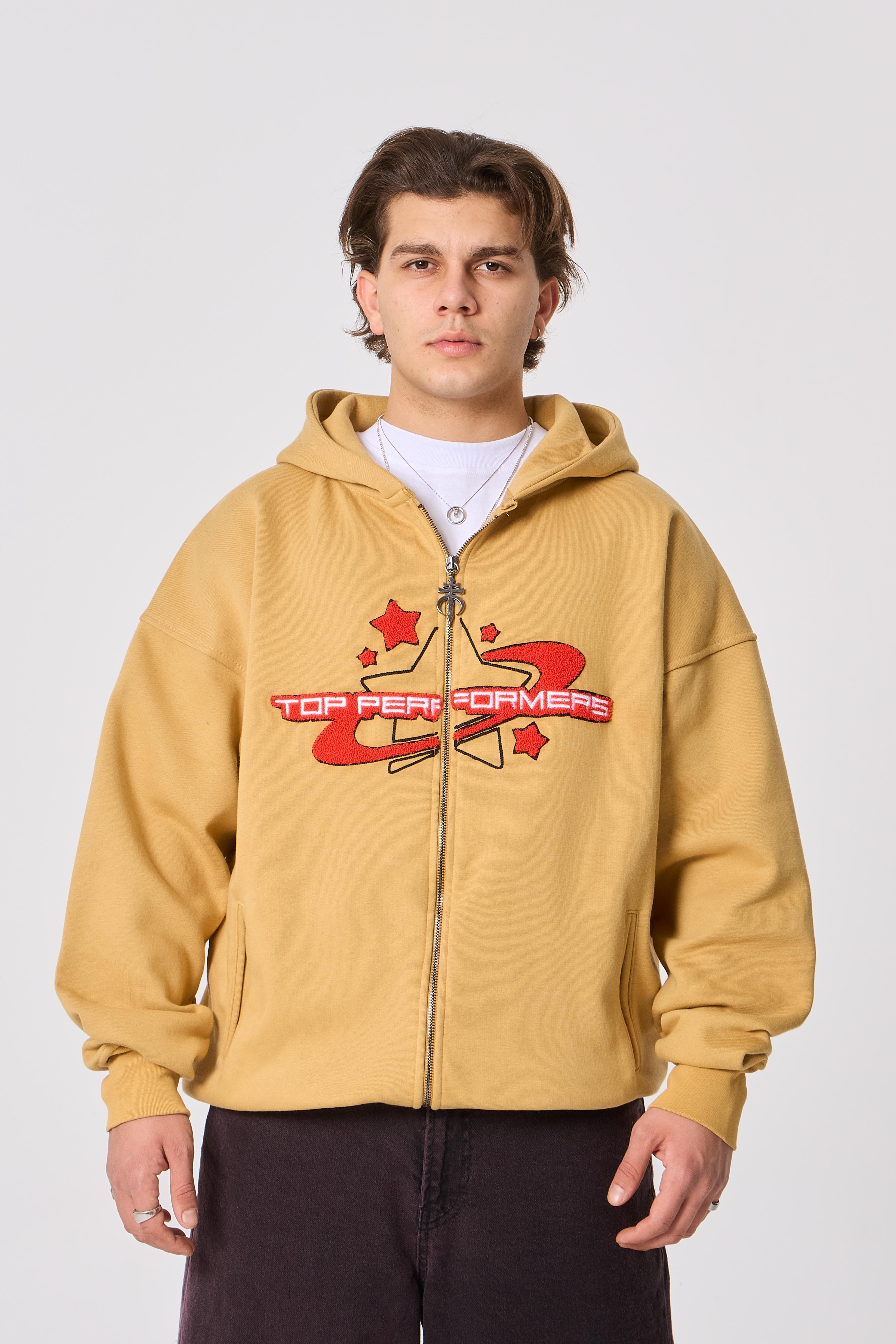 TopPerformers Nakışlı Kapüşonlu Oversize Sweatshirt - Hardal