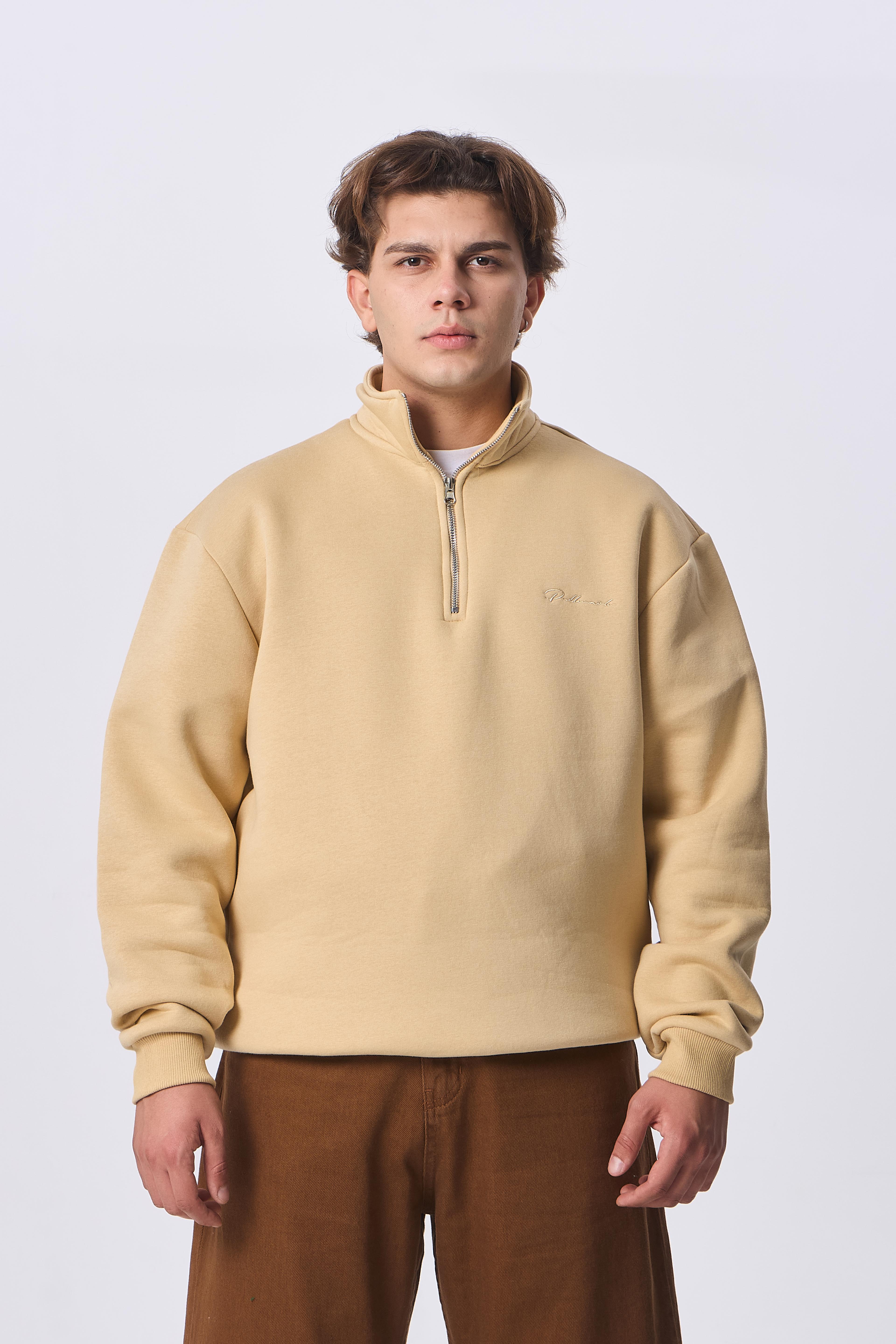 Premium Half-Zip Nakış Detaylı Sweatshirt - Açık Kahverengi