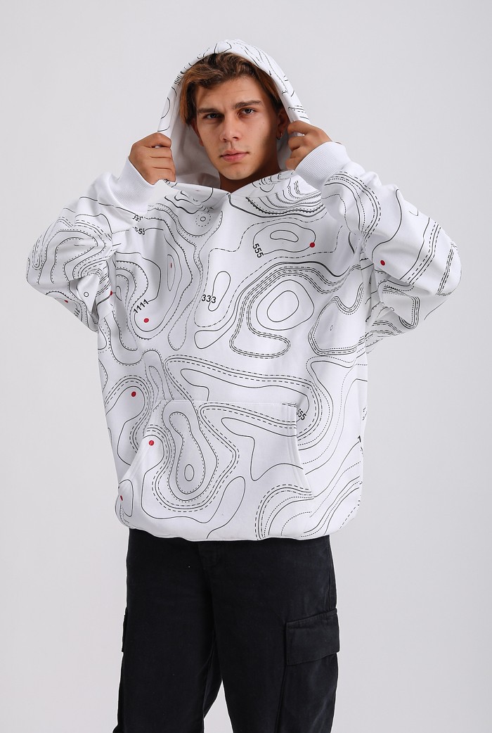 HOT MAP Beyaz Baskılı Premium Oversize Hoodie 