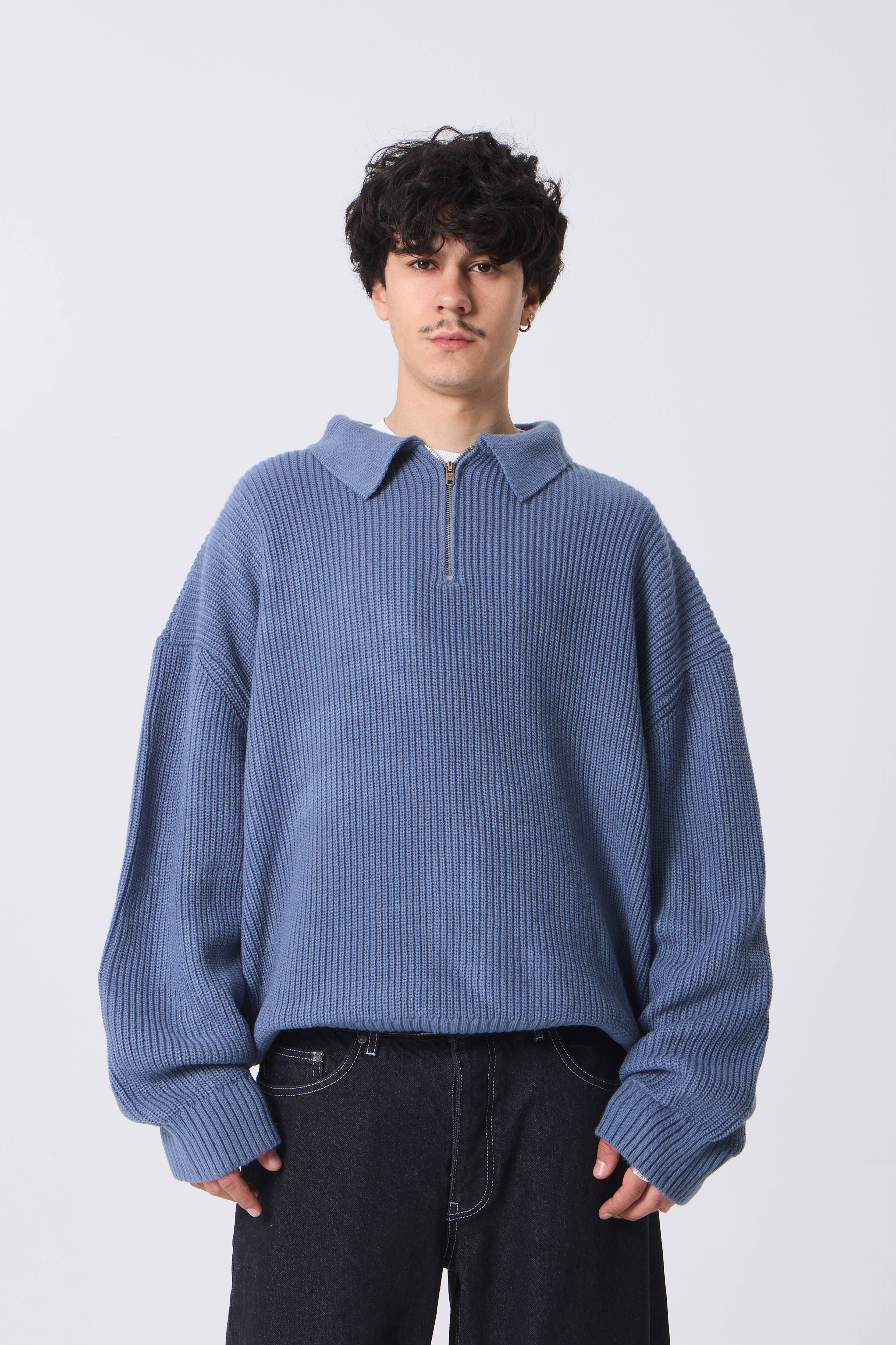 Premium Half-Zip Polo Yaka Triko  - Soluk Mavi