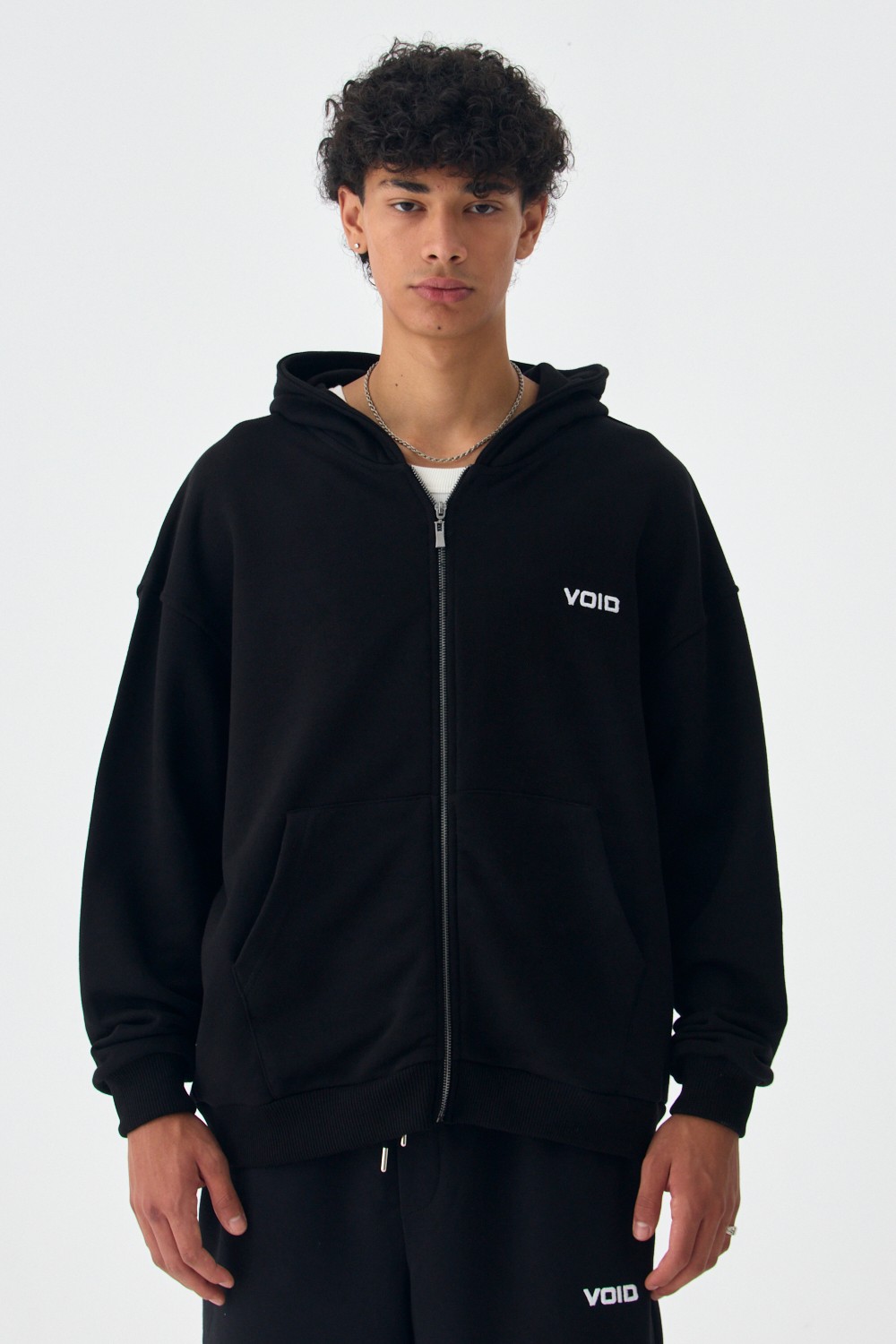 VOID Nakış Detaylı Siyah Premium Oversize Full-Zip Hoodie