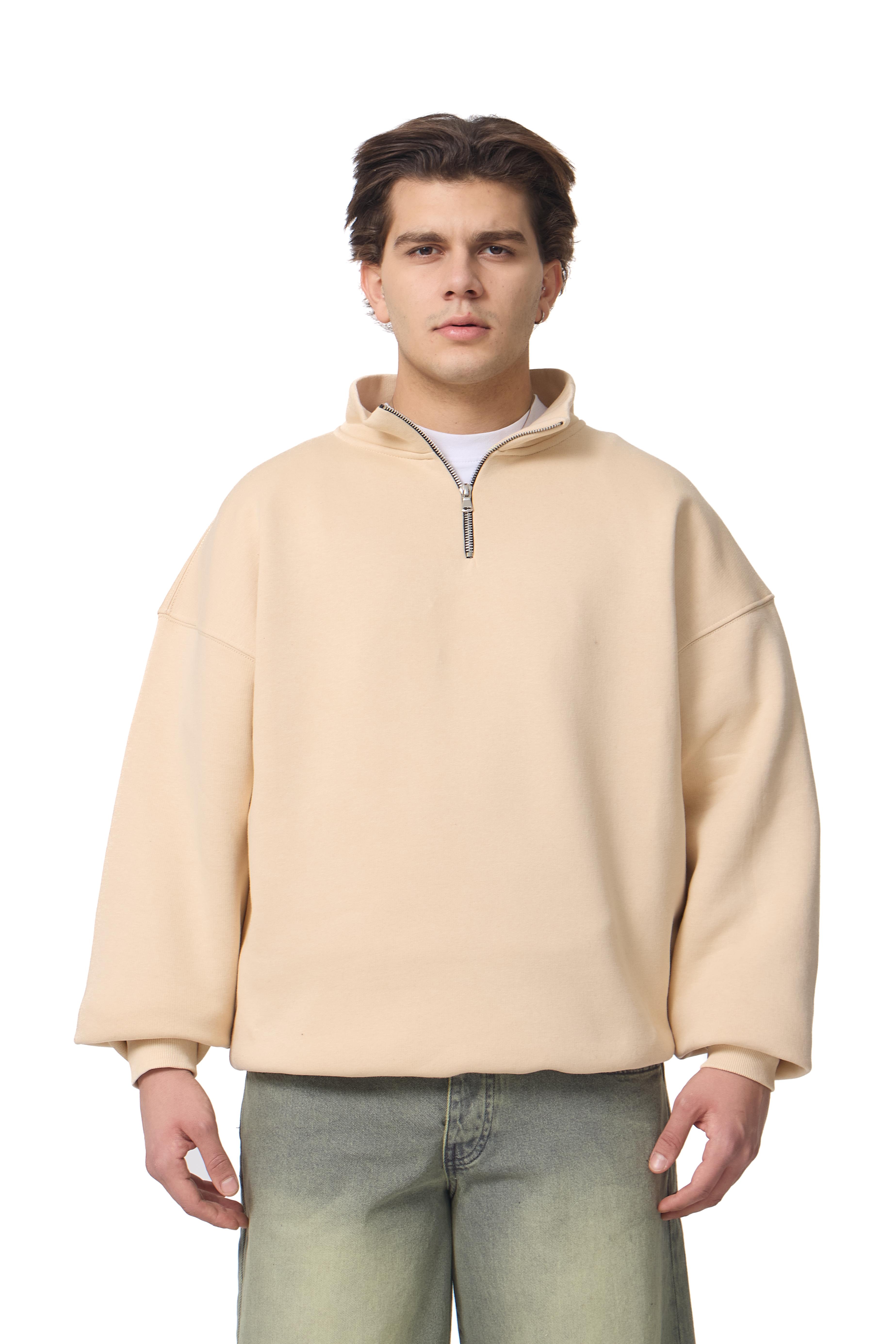 Fermuar Detaylı Basic Half-Zip Oversize Sweatshirt - Bej