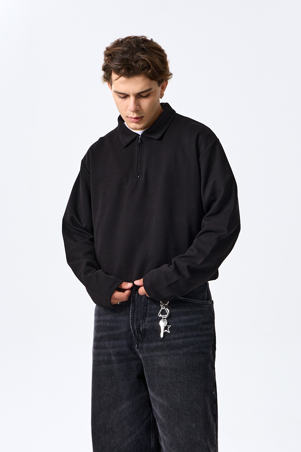 Siyah Half-Zip Basic Polo Yaka Sweatshirt