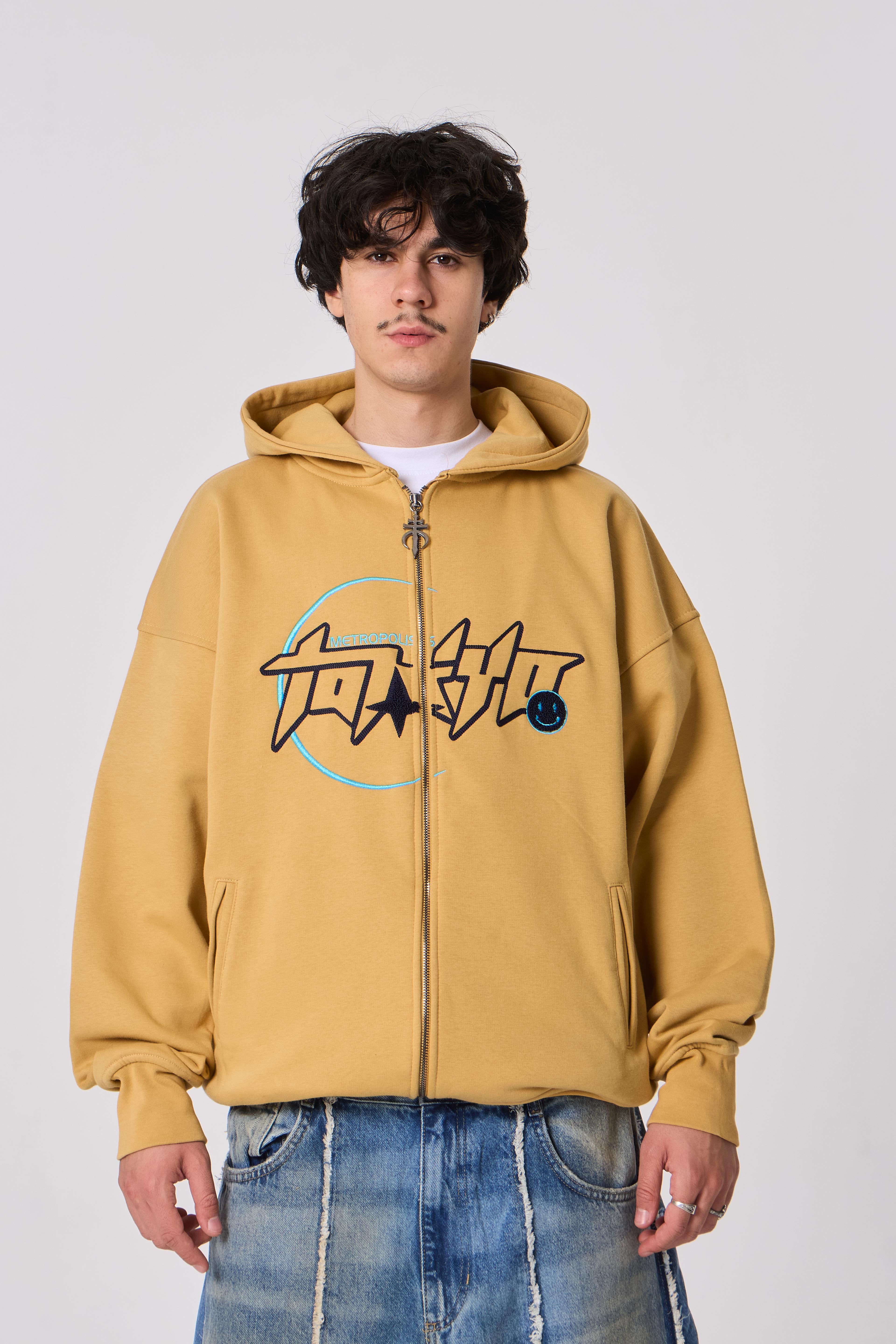 Tokyo Nakışlı Kapüşonlu Oversize Sweatshirt - Hardal