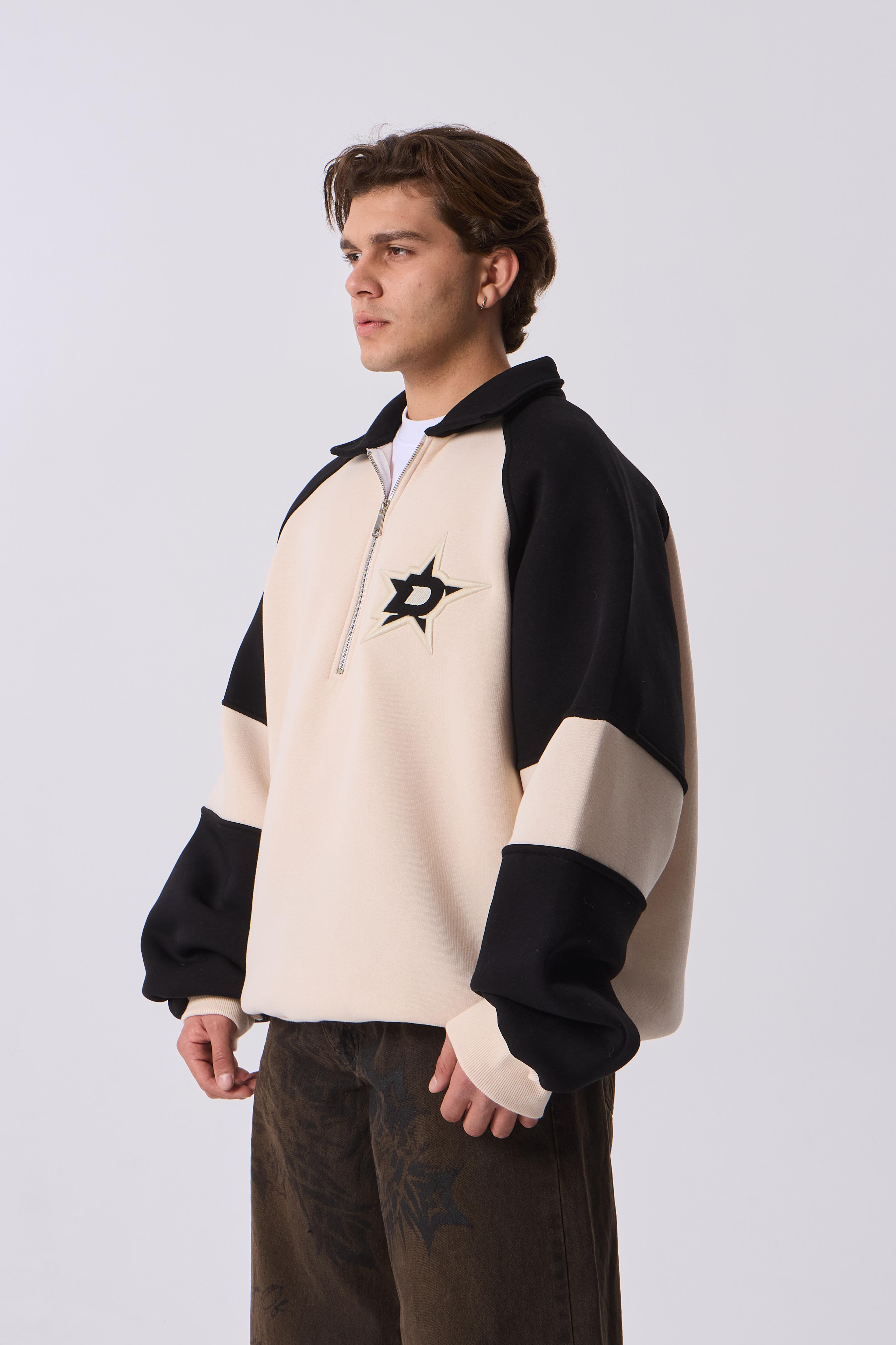 D Star Nakış Detaylı Half-Zip Oversize Sweatshirt