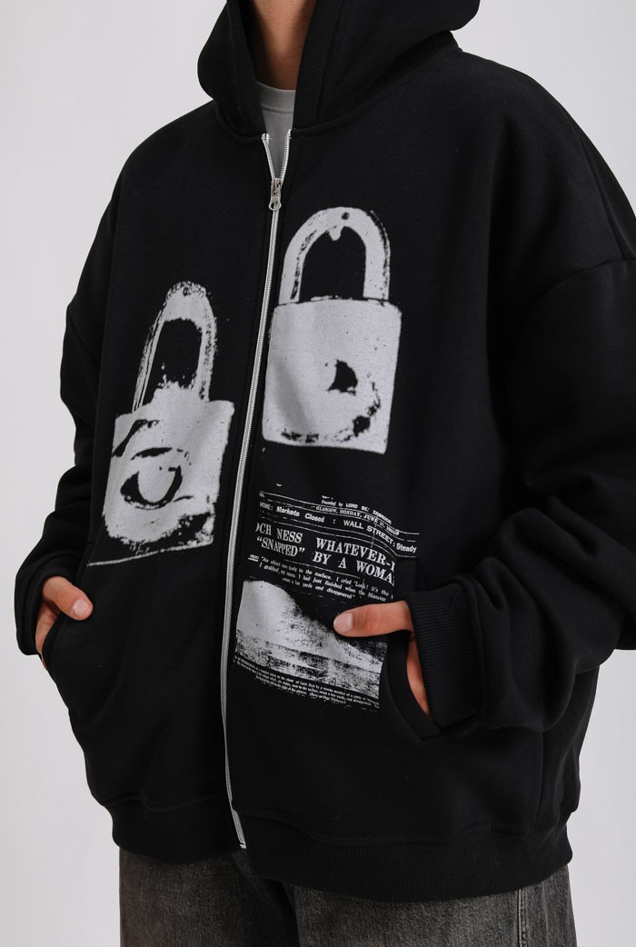 Lock Baskılı Premium Oversize Zip Hoodie