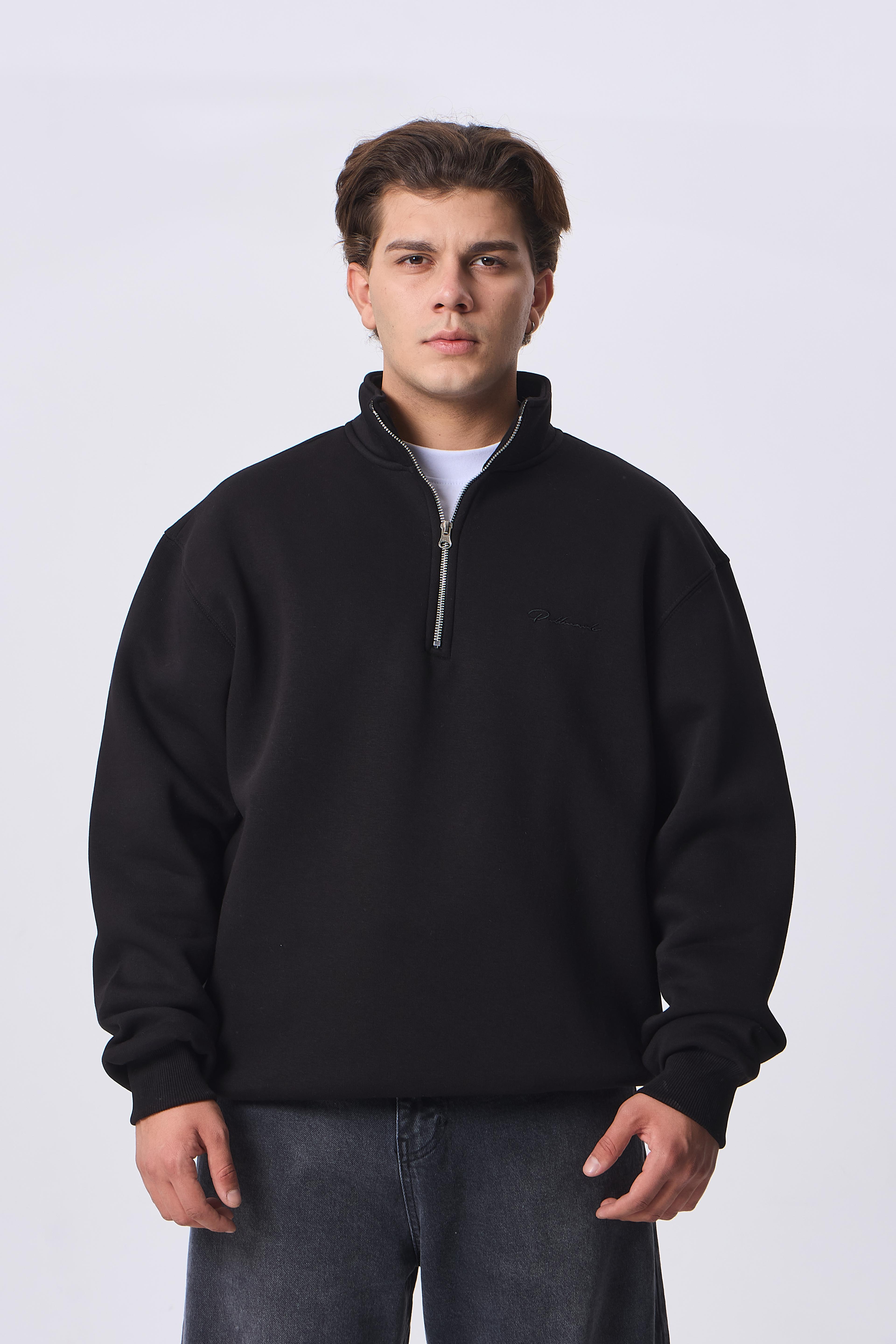 Premium Half-Zip Nakış Detaylı Sweatshirt - Siyah