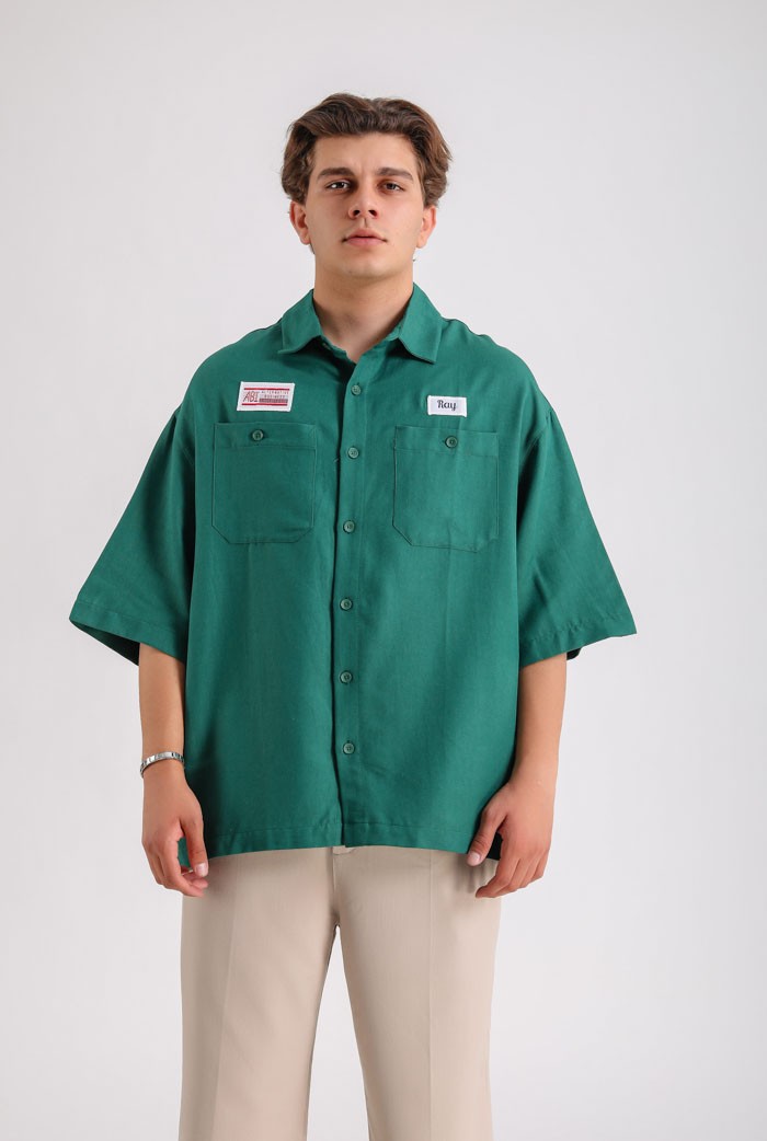 Ray Patch Nakış Detaylı Premium Oversize Gömlek - Yeşil