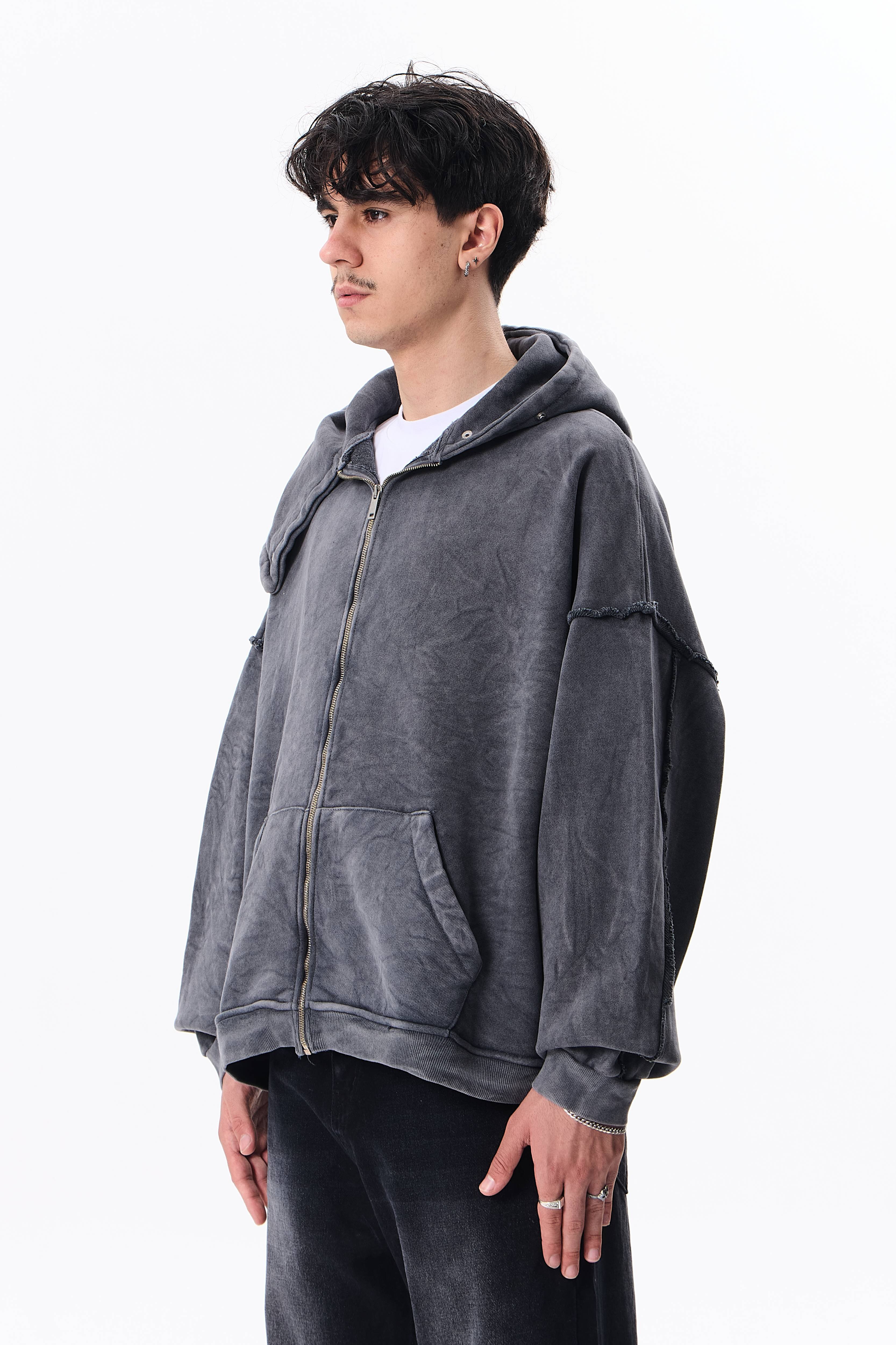 Maske Detaylı Diyagonal Premium Kapüşonlu Oversize Sweatshirt