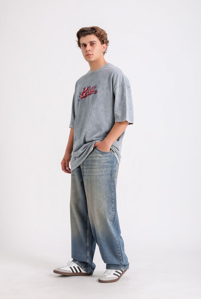 Acid Wash Heat Nakışlı Oversize Tişört