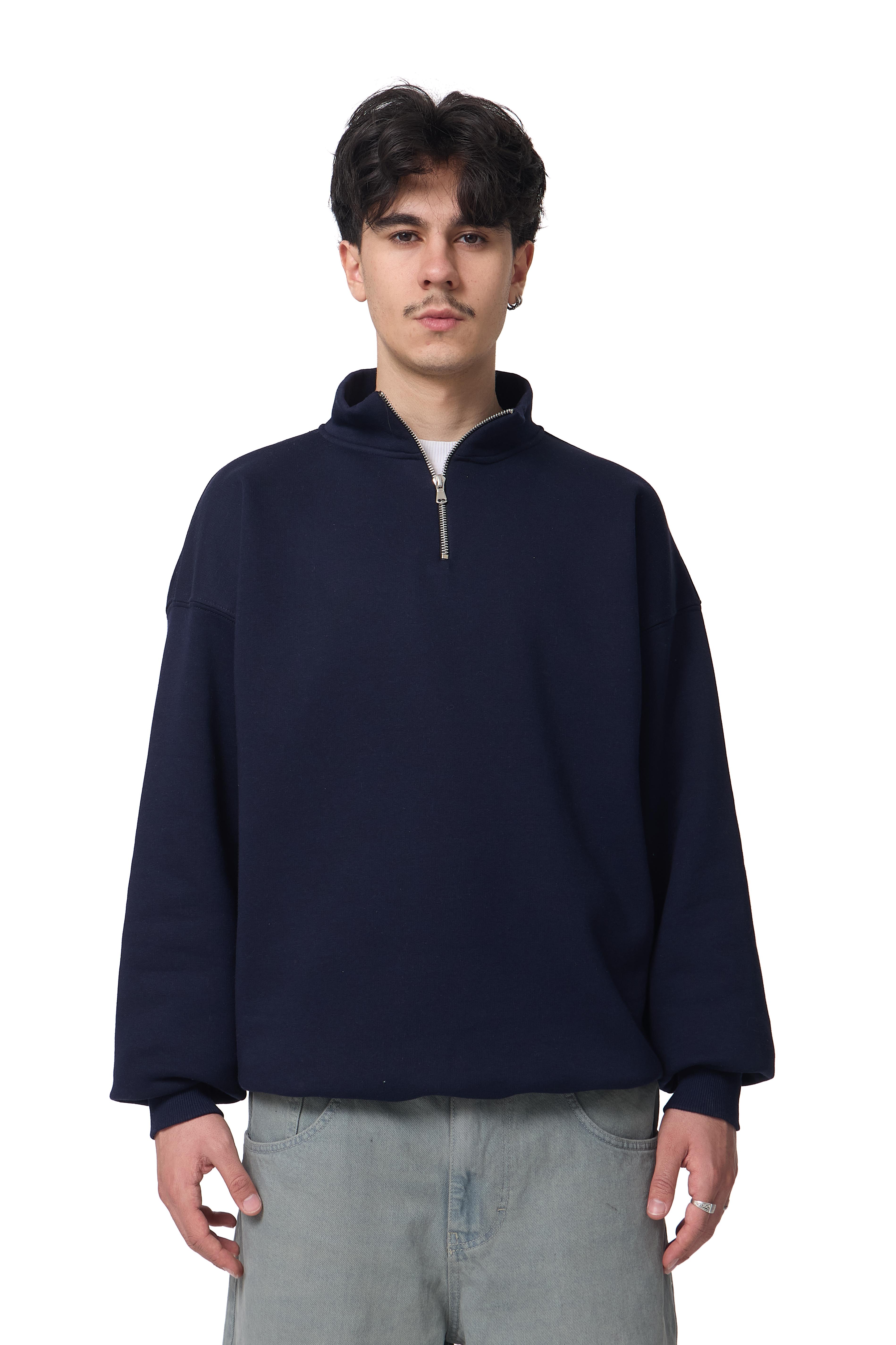 Fermuar Detaylı Basic Half-Zip Oversize Sweatshirt - Lacivert