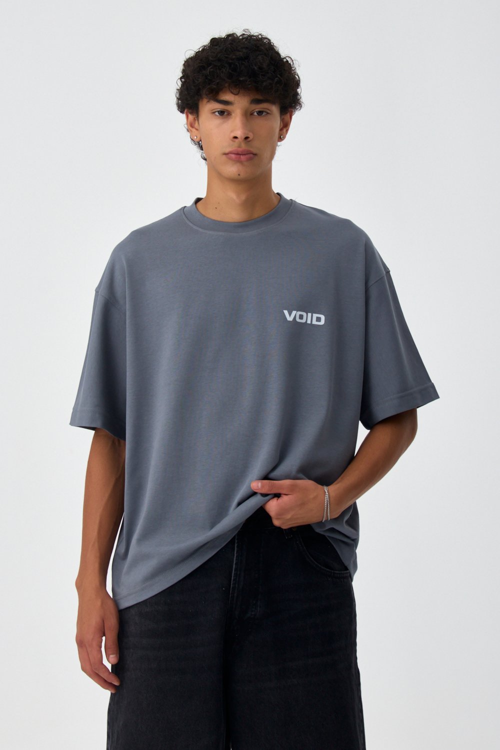 VOID Baskılı Premium Oversize Basic Tişört - Koyu Gri