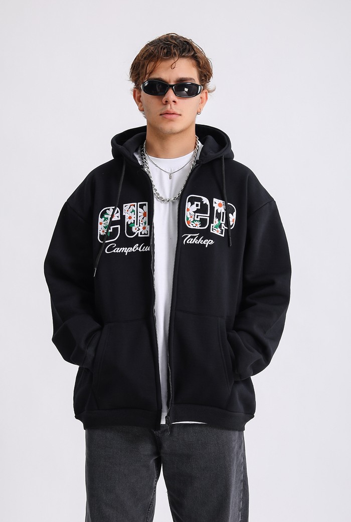 CUEP Nakış Detaylı Siyah Full-Zip Oversize Hoodie