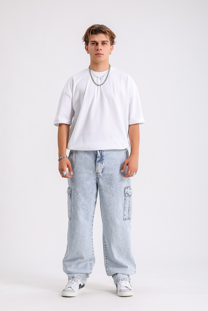 Açık Mavi Denim Baggy Kargo Pantolon