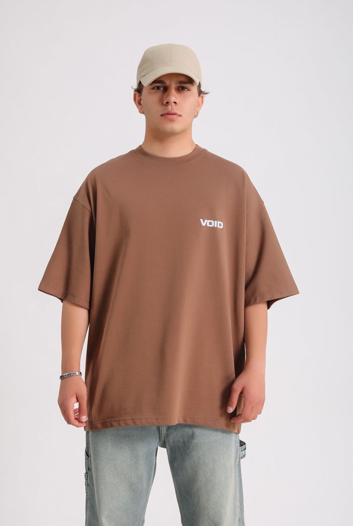 VOID Baskılı Premium Oversize Basic T-shirt - Kahverengi