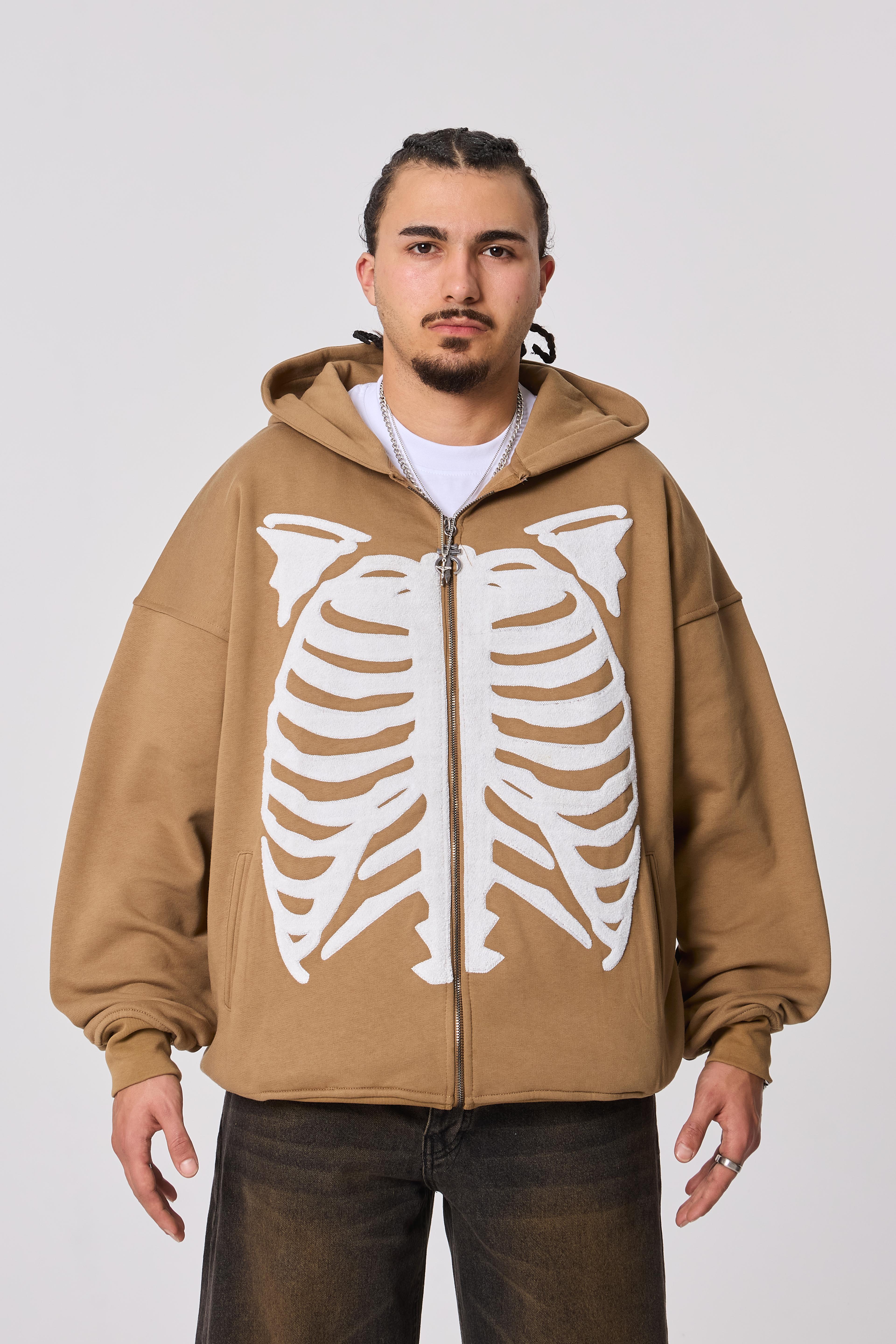 Skeleton Nakış Detaylı Oversize Kapüşonlu Sweatshirt - Bej