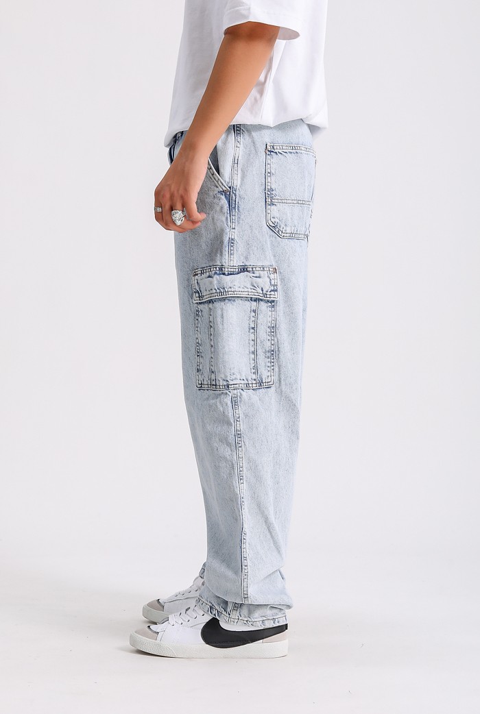 Açık Mavi Denim Baggy Kargo Pantolon