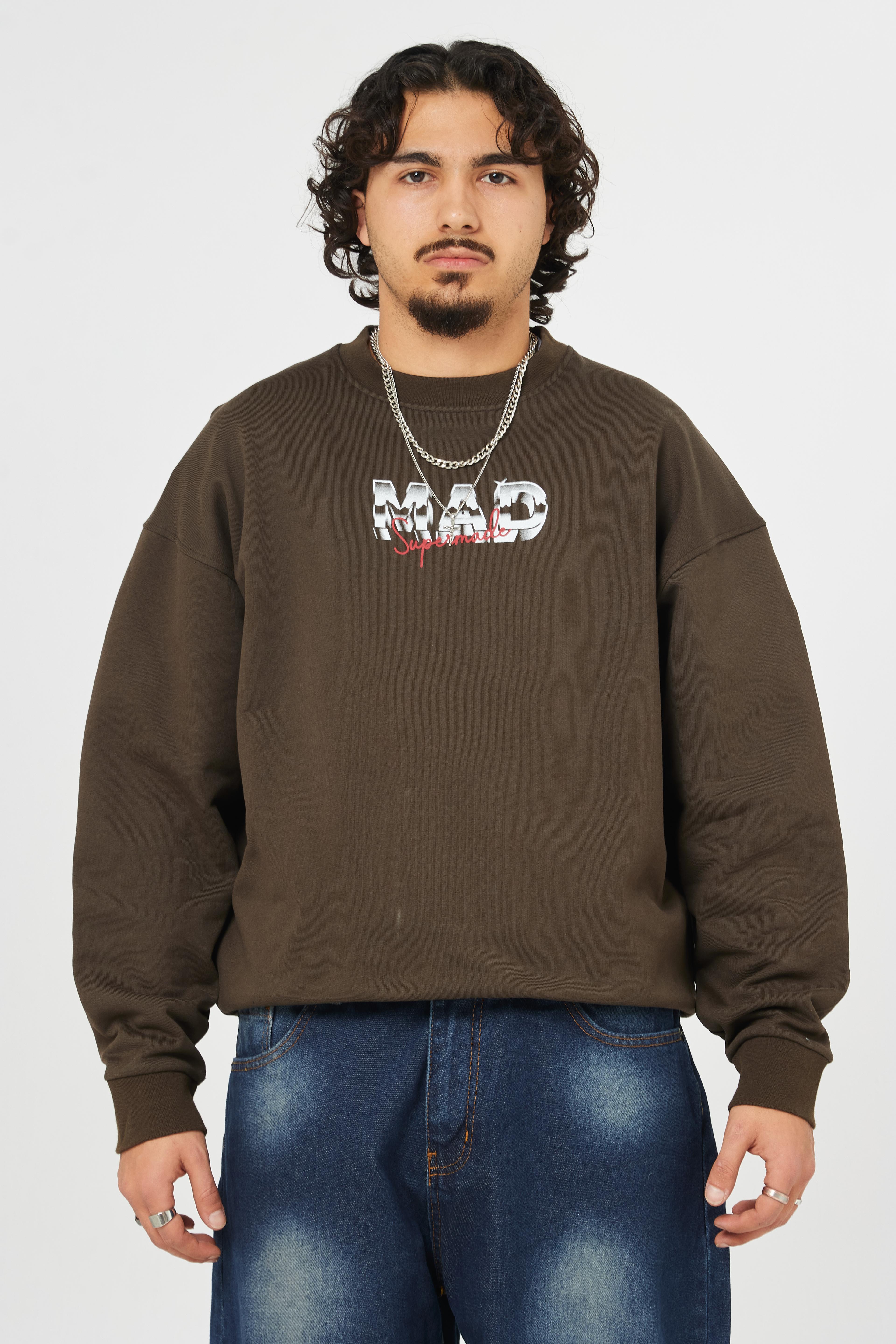 Mad Baskılı Premium Oversize Sweatshirt - Kahverengi