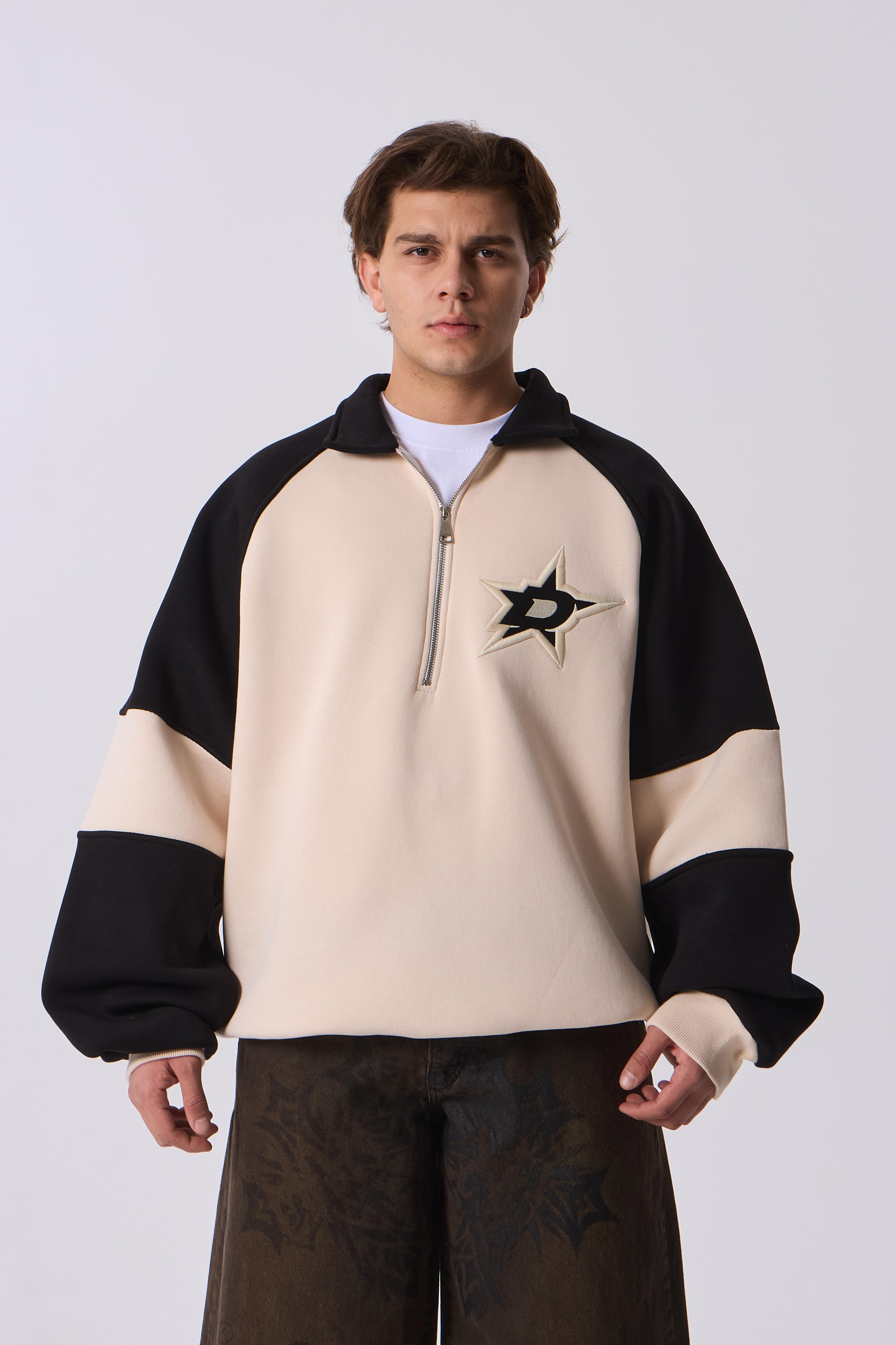 D Star Nakış Detaylı Half-Zip Oversize Sweatshirt - Krem