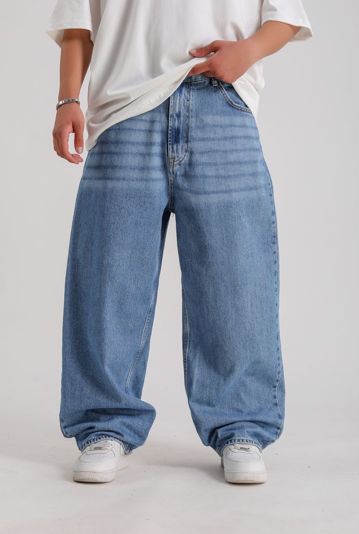 PB Taşlama Detaylı Mavi Ekstra Baggy Pantolon