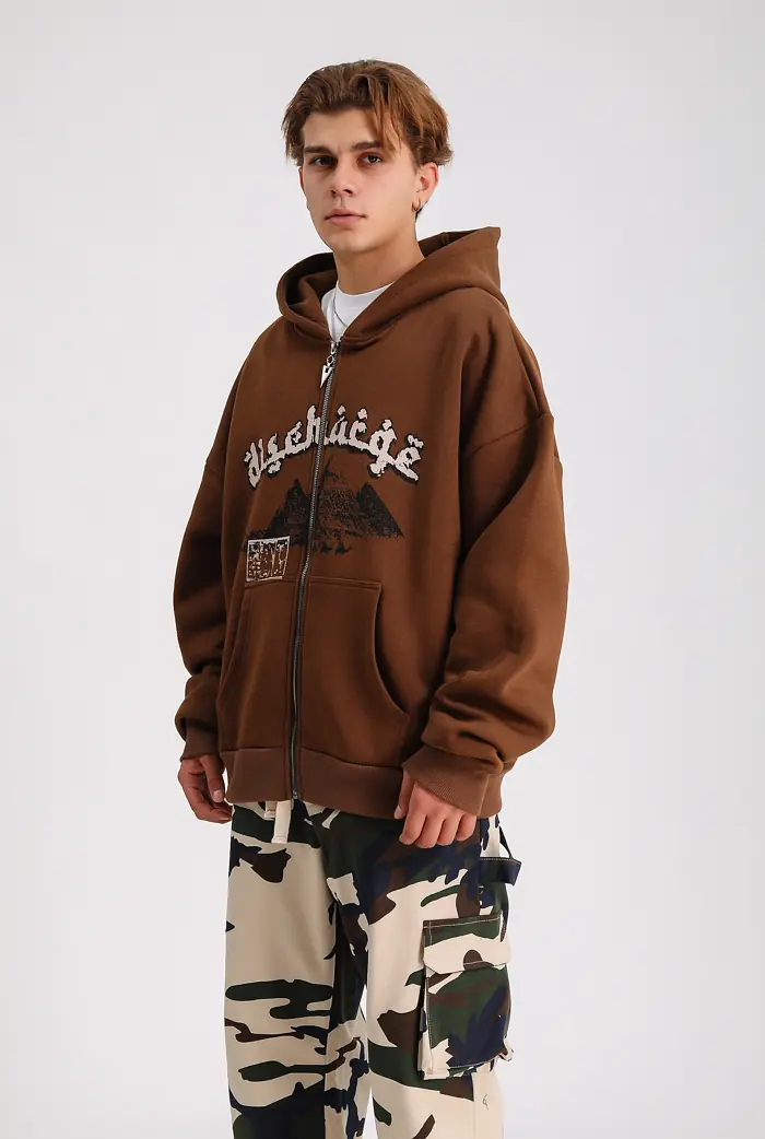 Kahverengi Baskı Detaylı Premium Full Zip Hoodie