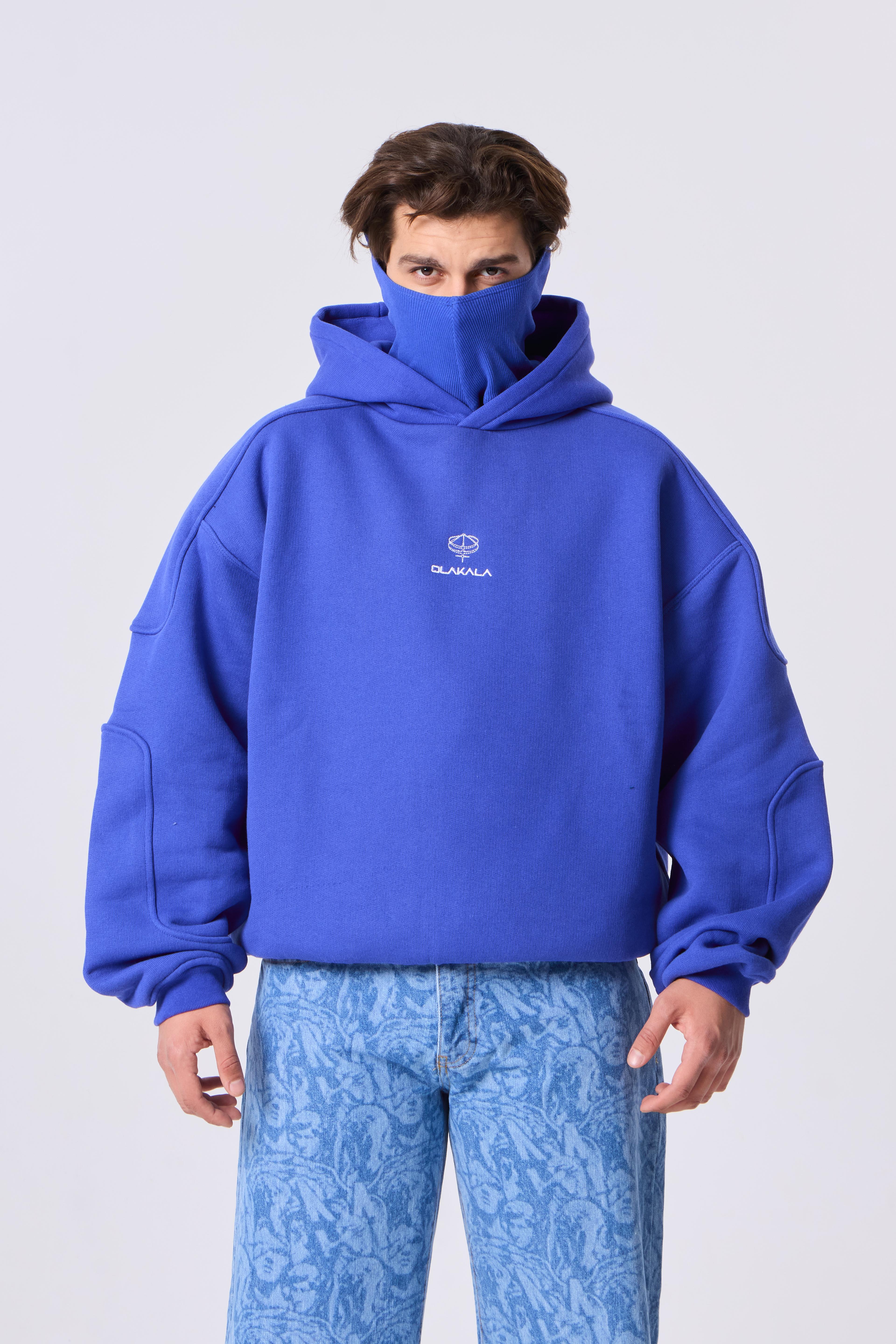 OLK Maske Detaylı Nakışlı Diagonal Kapüşonlu Sweatshirt - Mavi