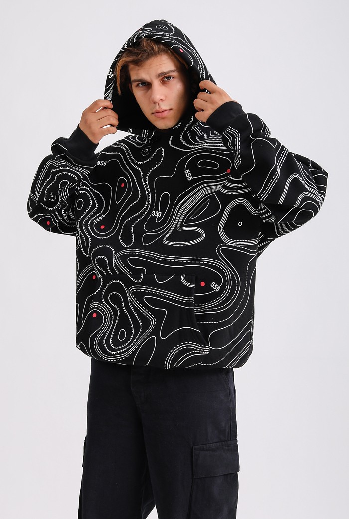 HOT MAP Siyah Baskılı Premium Oversize Hoodie