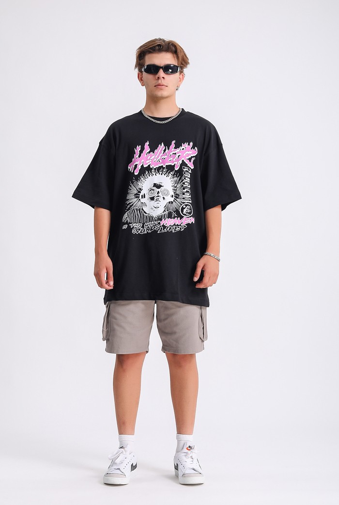 Hell Star Baskılı Siyah Oversize T-shirt