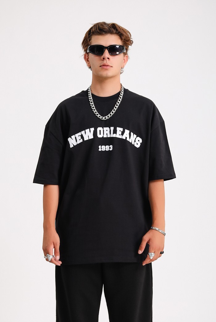 NEW ORLEANS Siyah Baskılı Oversize T-shirt