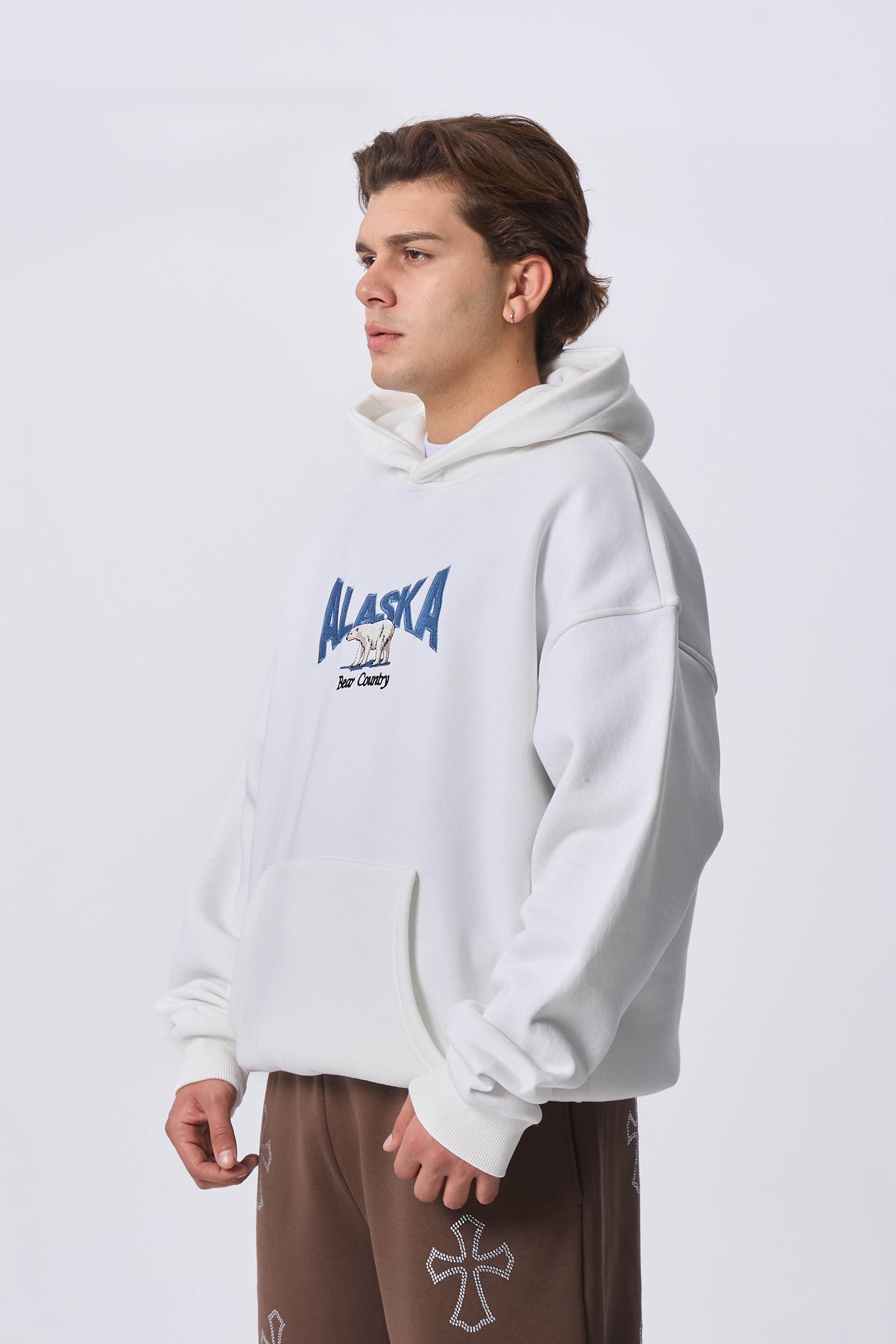 Alaska Bear Country Nakışlı Kapüşonlu Oversize Sweatshirt 