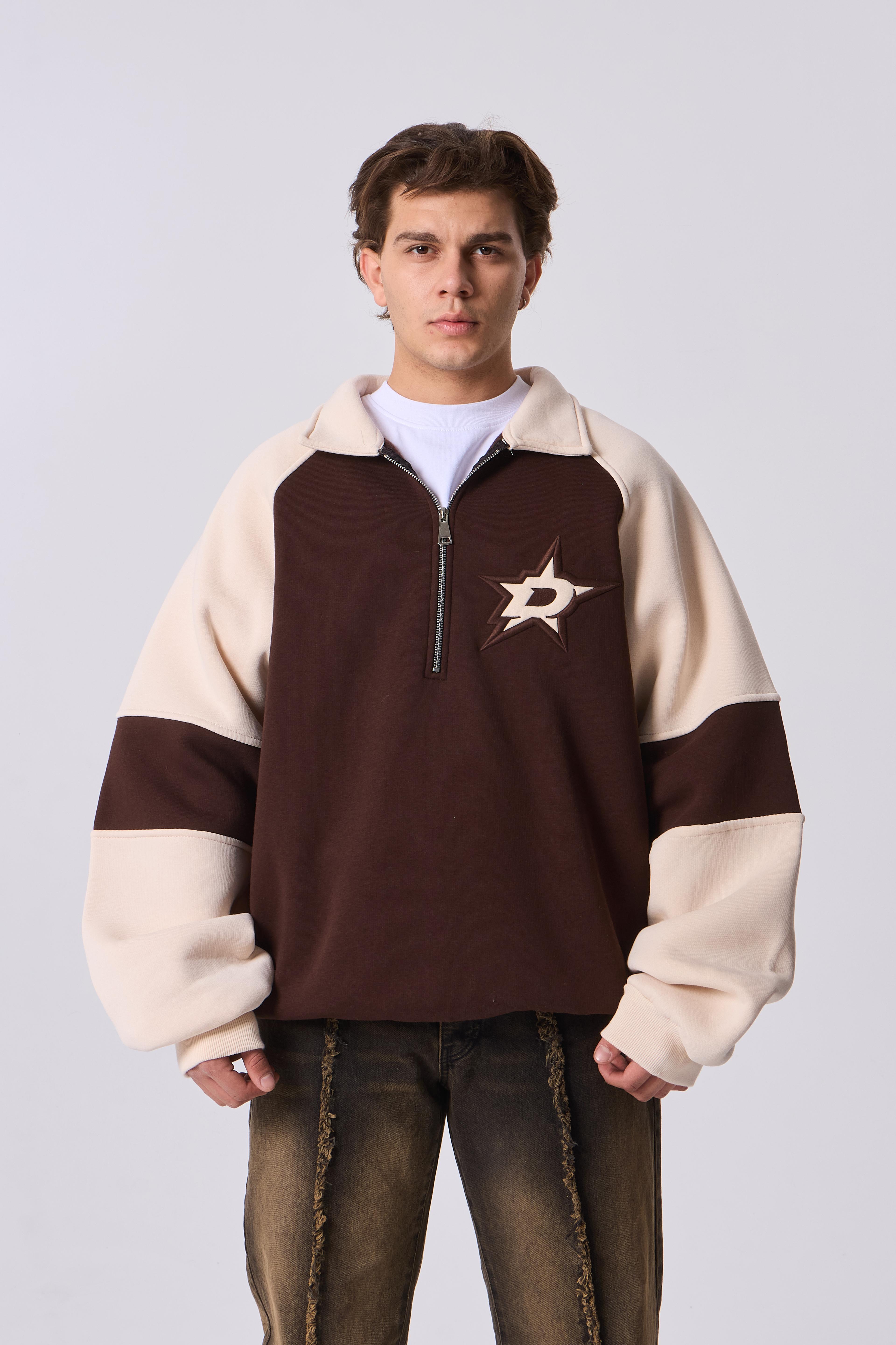 D Star Nakış Detaylı Half-Zip Oversize Sweatshirt - Kahverengi