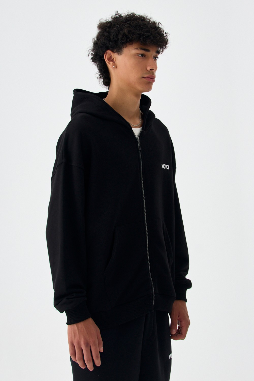 VOID Nakış Detaylı Siyah Premium Oversize Full-Zip Hoodie