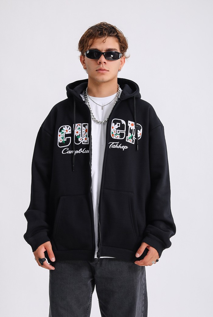 CUEP Nakış Detaylı Siyah Full-Zip Oversize Hoodie