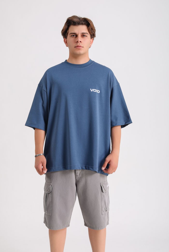 VOID Baskılı Premium Oversize Basic T-shirt - Denizci Mavisi