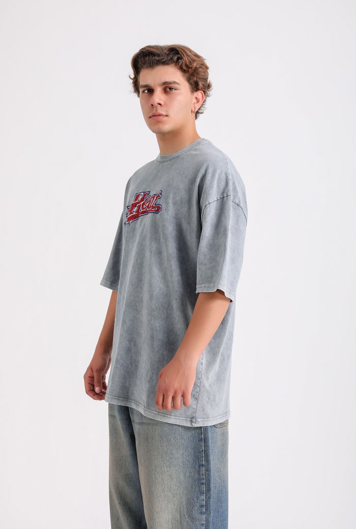 Acid Wash Heat Nakışlı Oversize Tişört