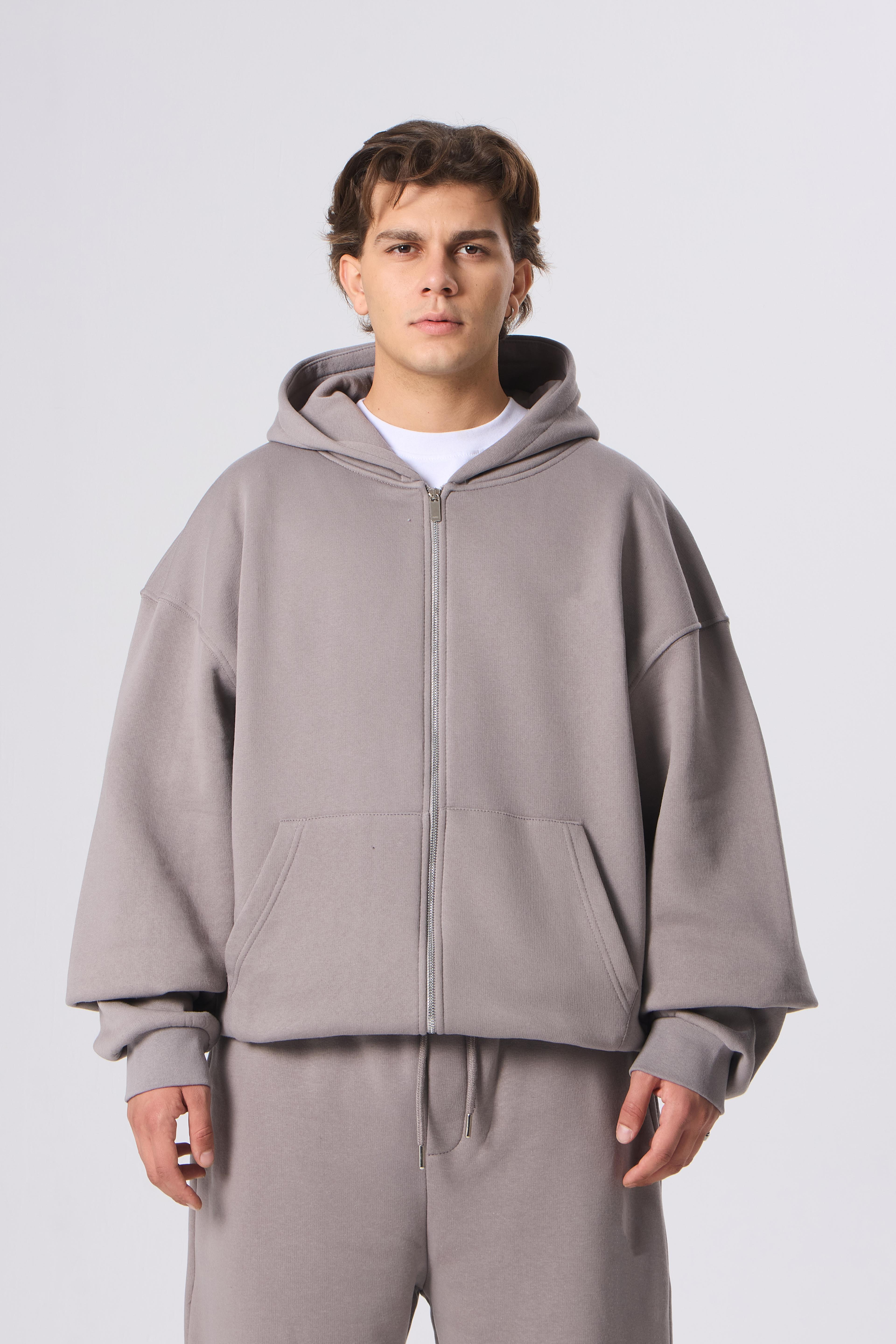 VOID Basic Premium Zip Oversize Hoodie - Taş Gri