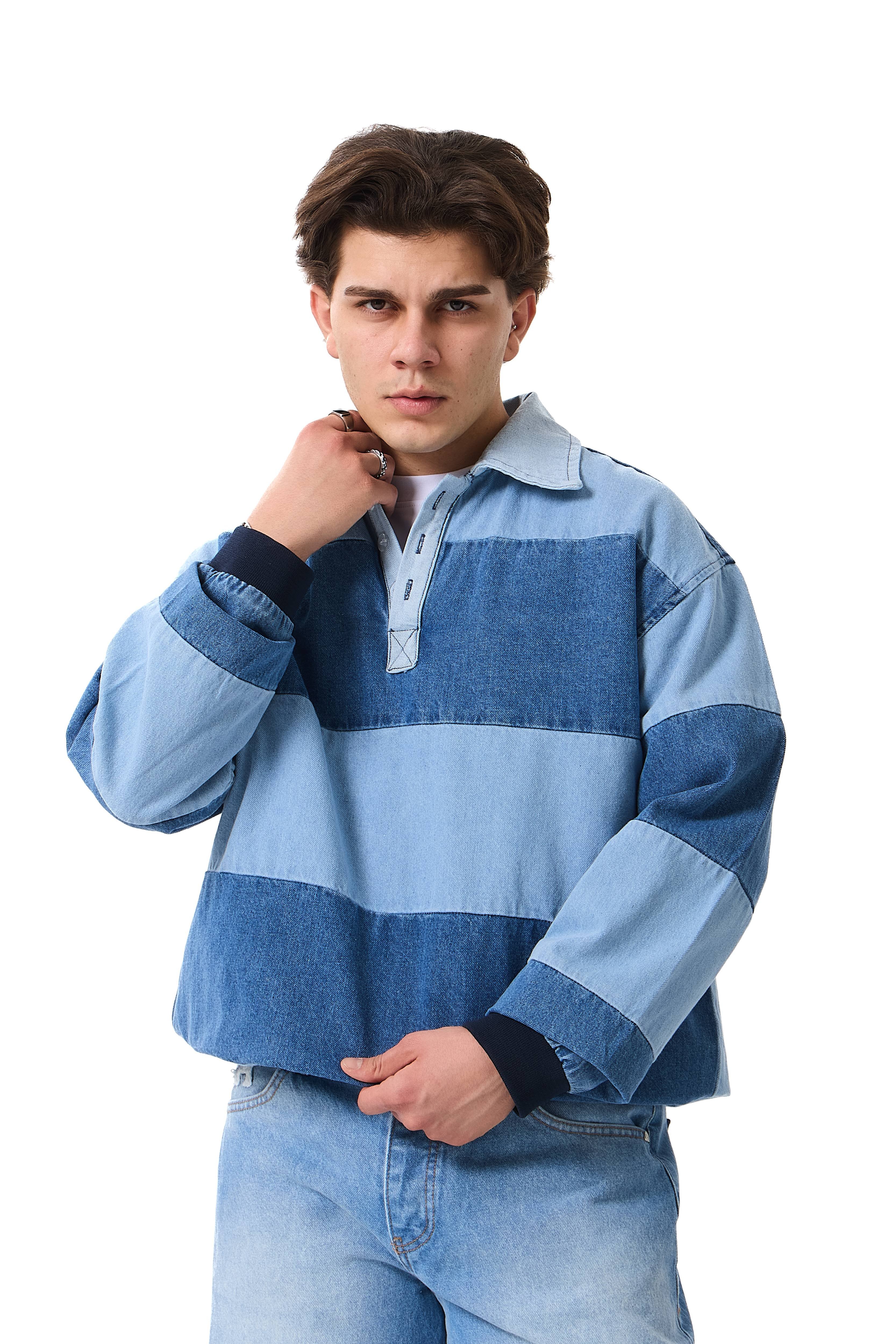 Blok Renkli Polo Yaka Denim Oversize Sweatshirt