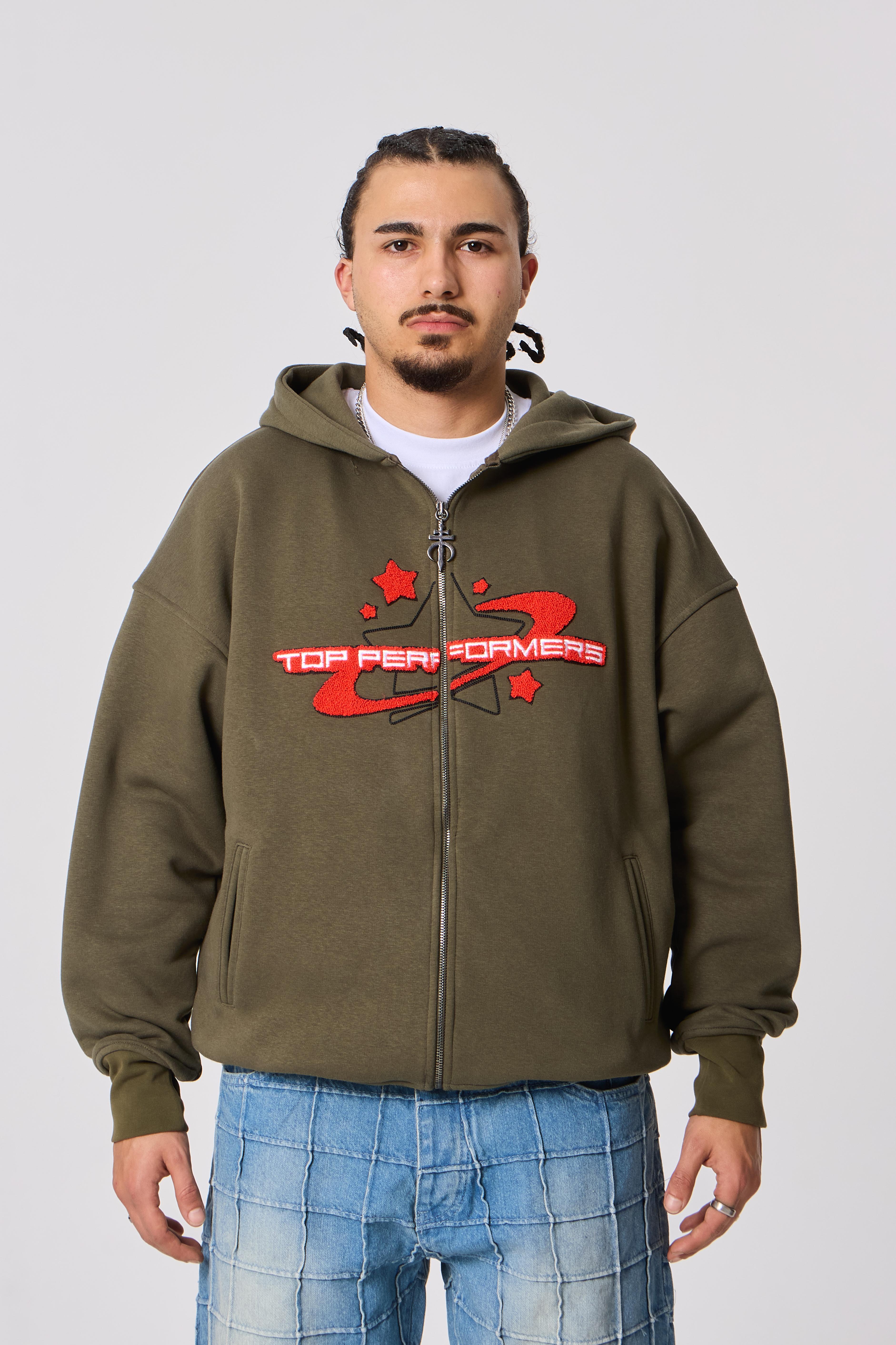 TopPerformers Nakışlı Kapüşonlu Oversize Sweatshirt - Koyu Haki