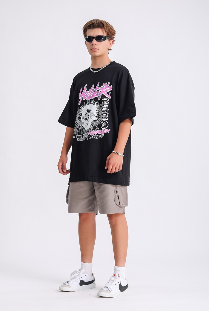 Hell Star Baskılı Siyah Oversize T-shirt