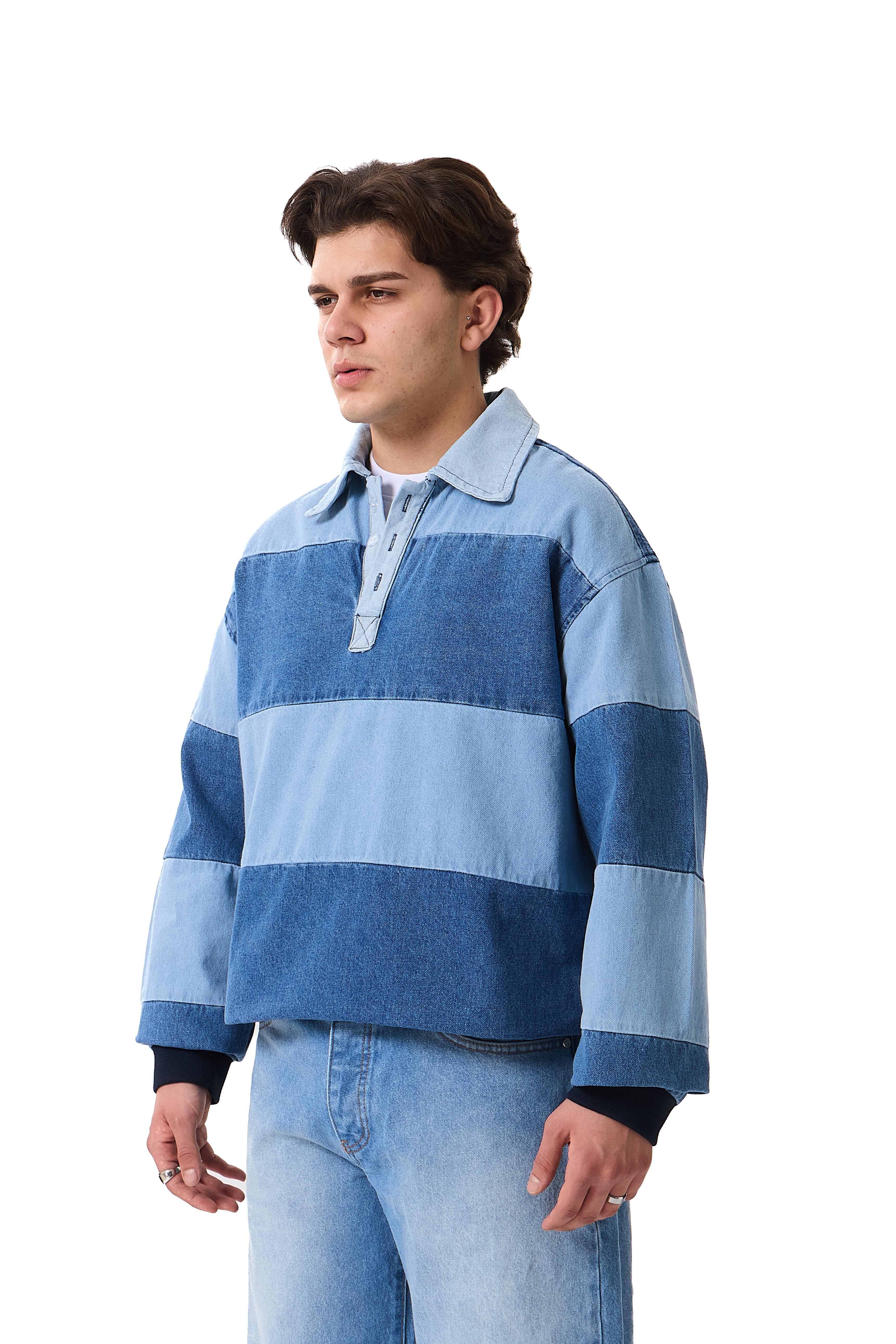 Blok Renkli Polo Yaka Denim Oversize Sweatshirt