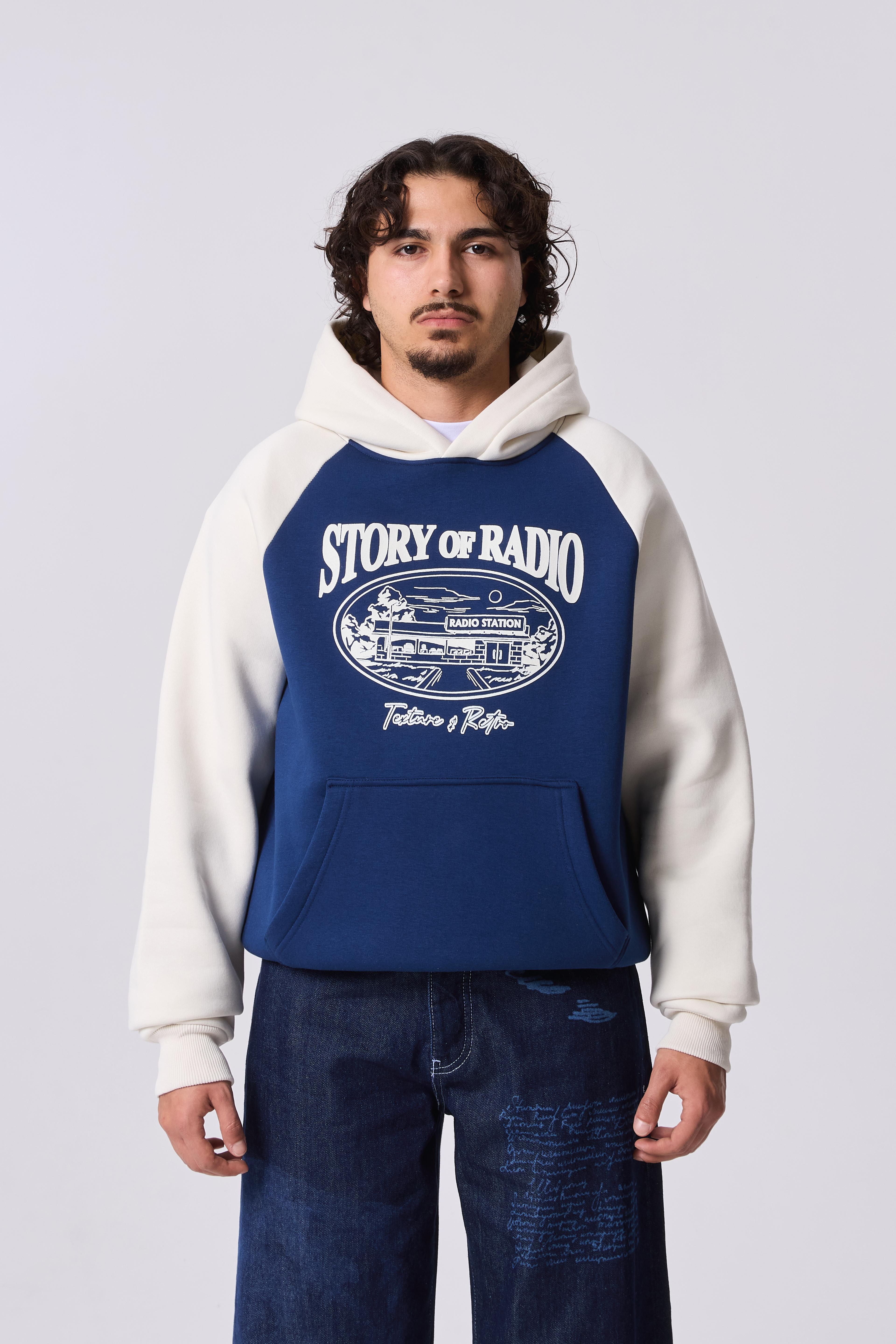 Story of Radio Baskılı Oversize Kapüşonlu Sweatshirt - Mavi