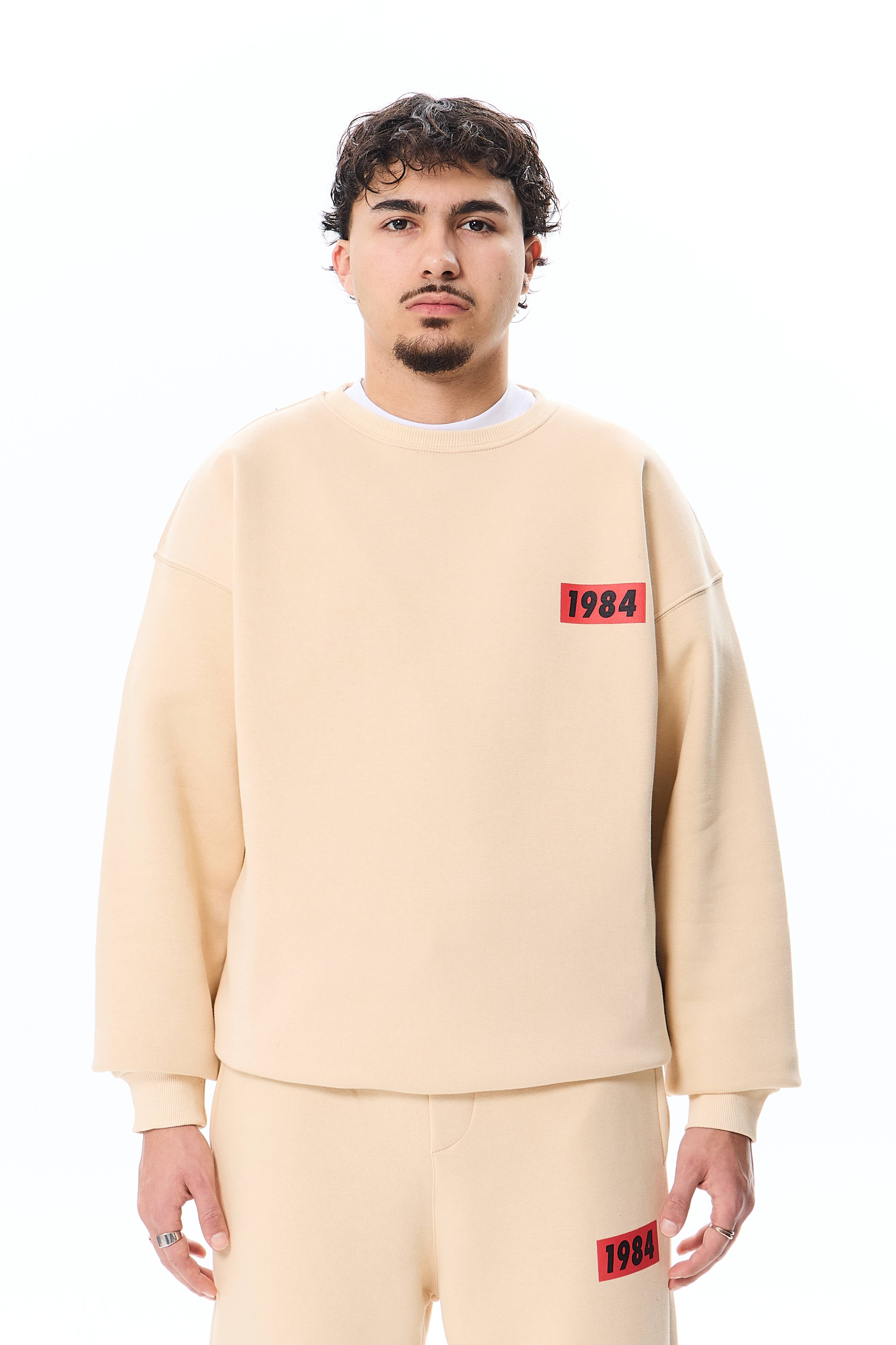 1984 Baskı Detaylı Premium Oversize Sweatshirt - Bej