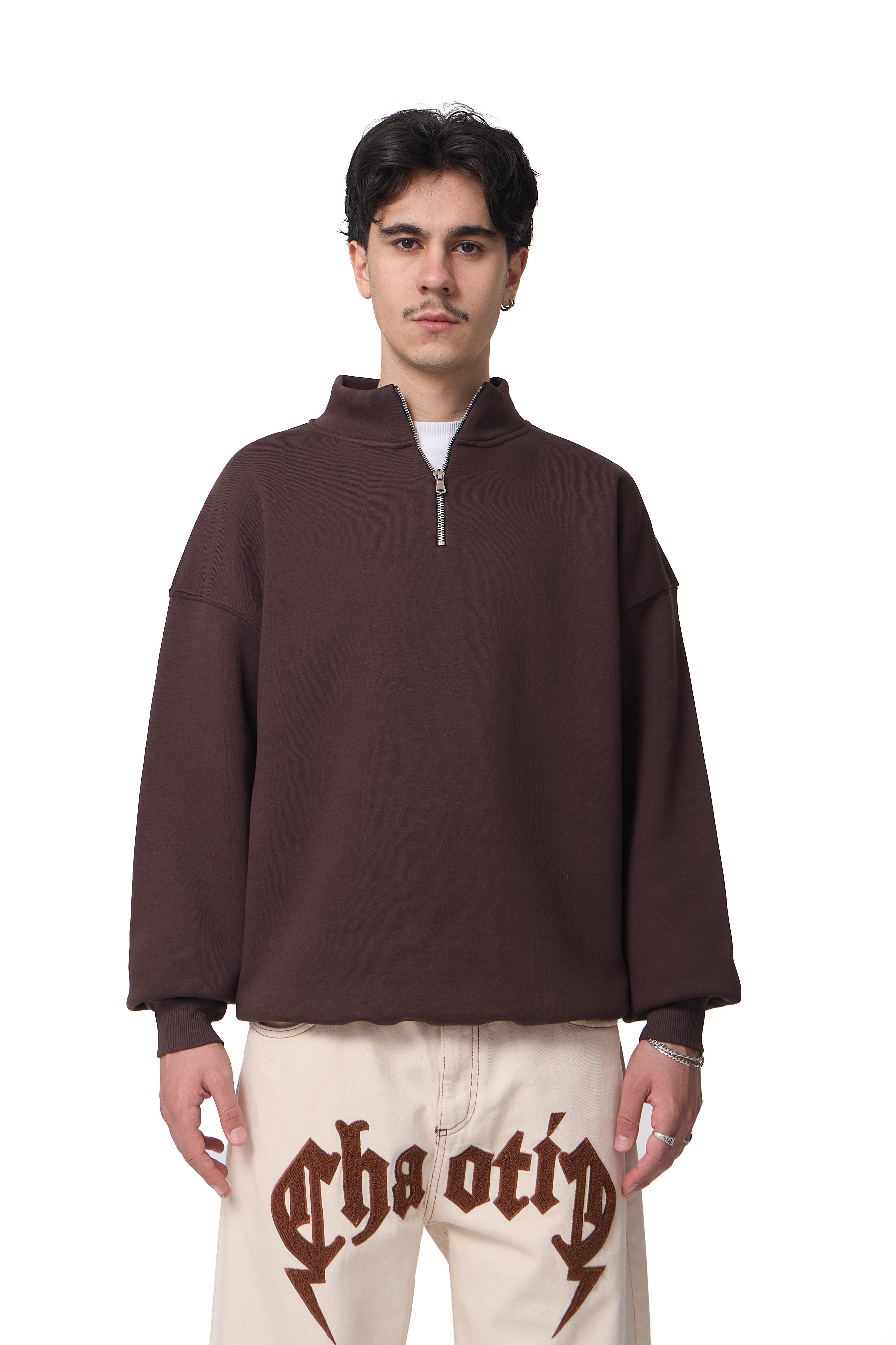 Fermuar Detaylı Basic Half-Zip Oversize Sweatshirt - Kahverengi