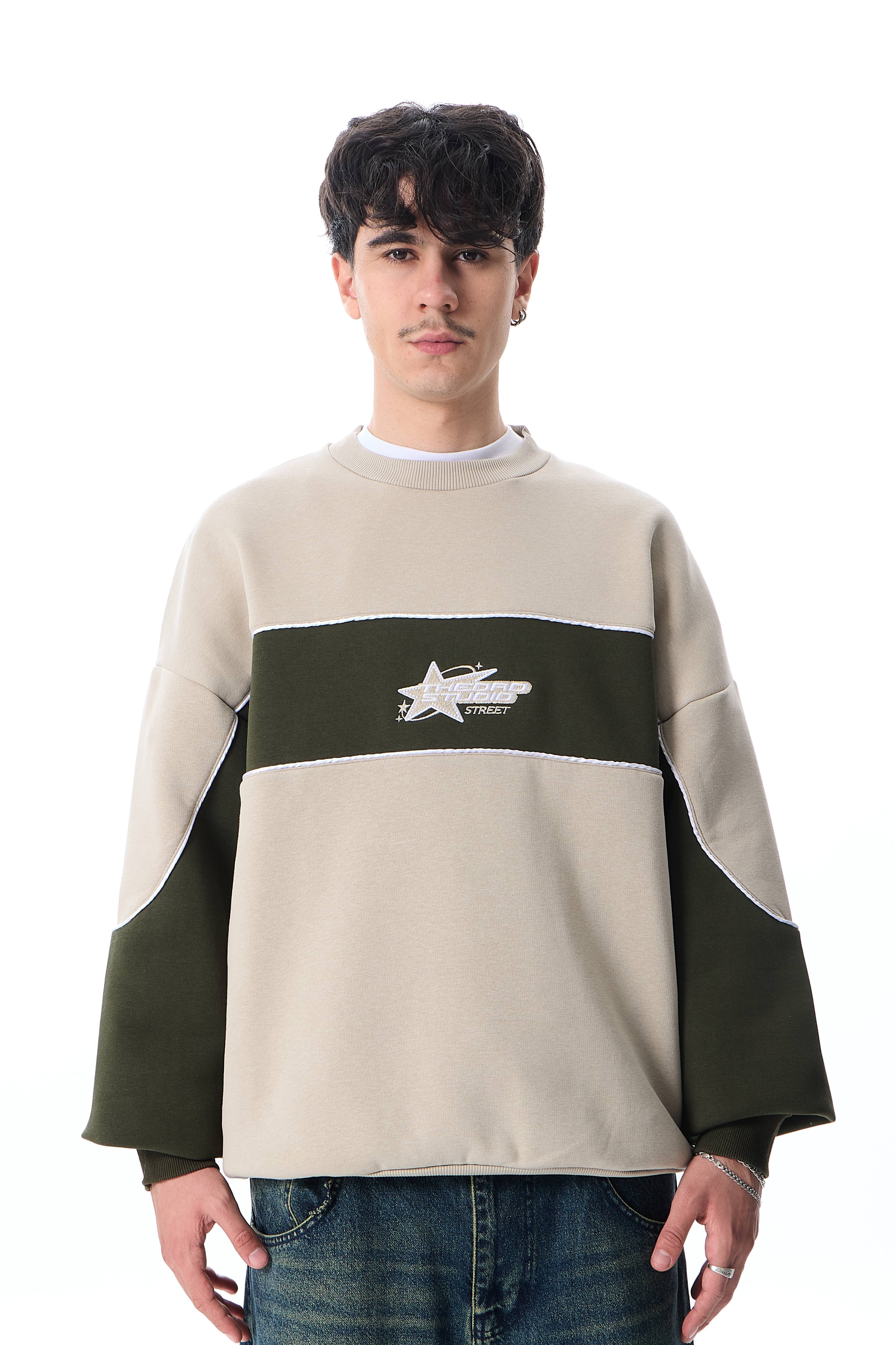 Star Studio Nakışlı Premium Blok Renkli Oversize Sweatshirt - Bej