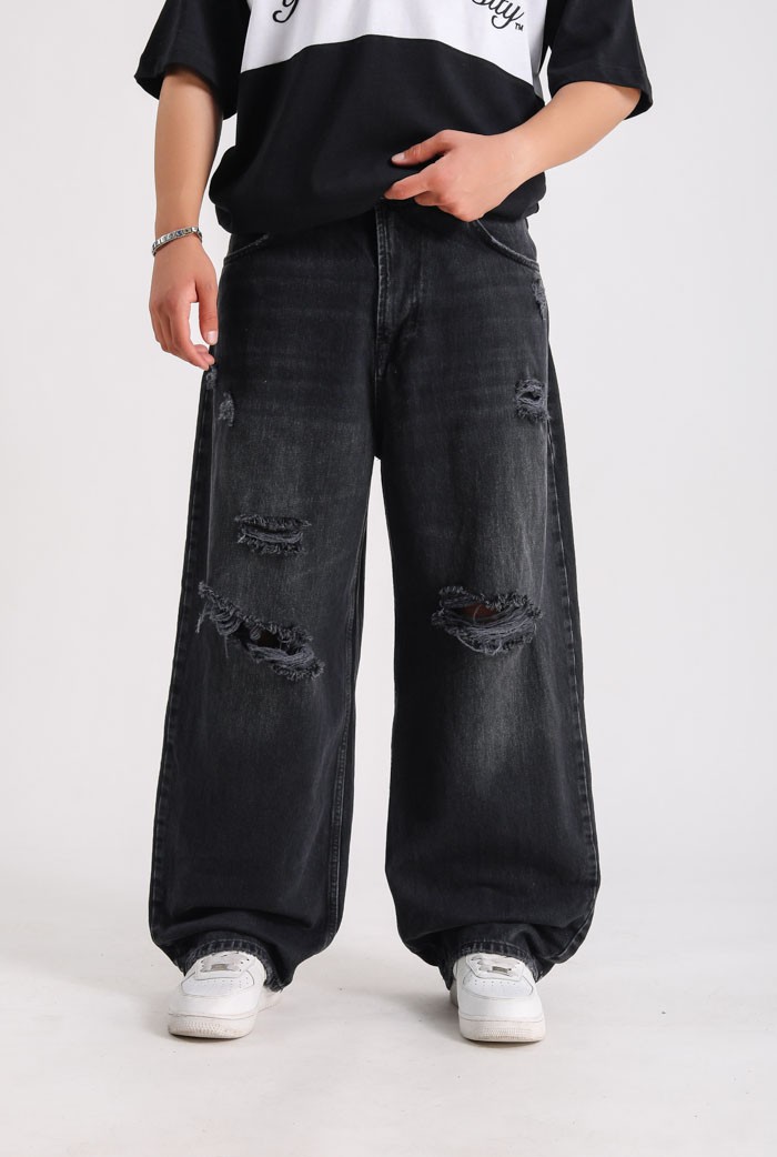 PB SkaterFit Yırtık Detaylı Siyah Baggy Pantolon
