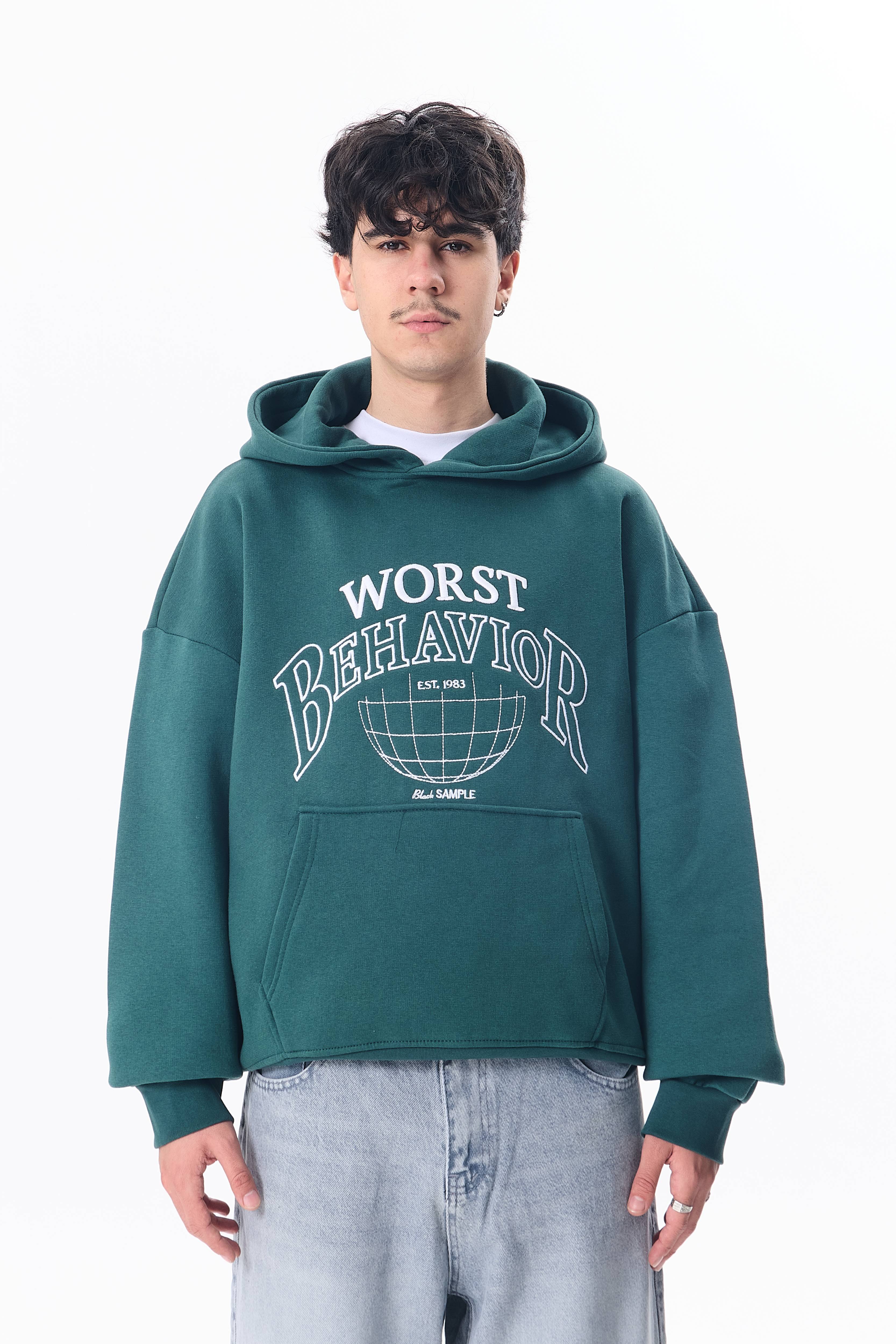 Worst Behavior Nakışlı Premium Oversize Sweatshirt - Koyu Yeşil