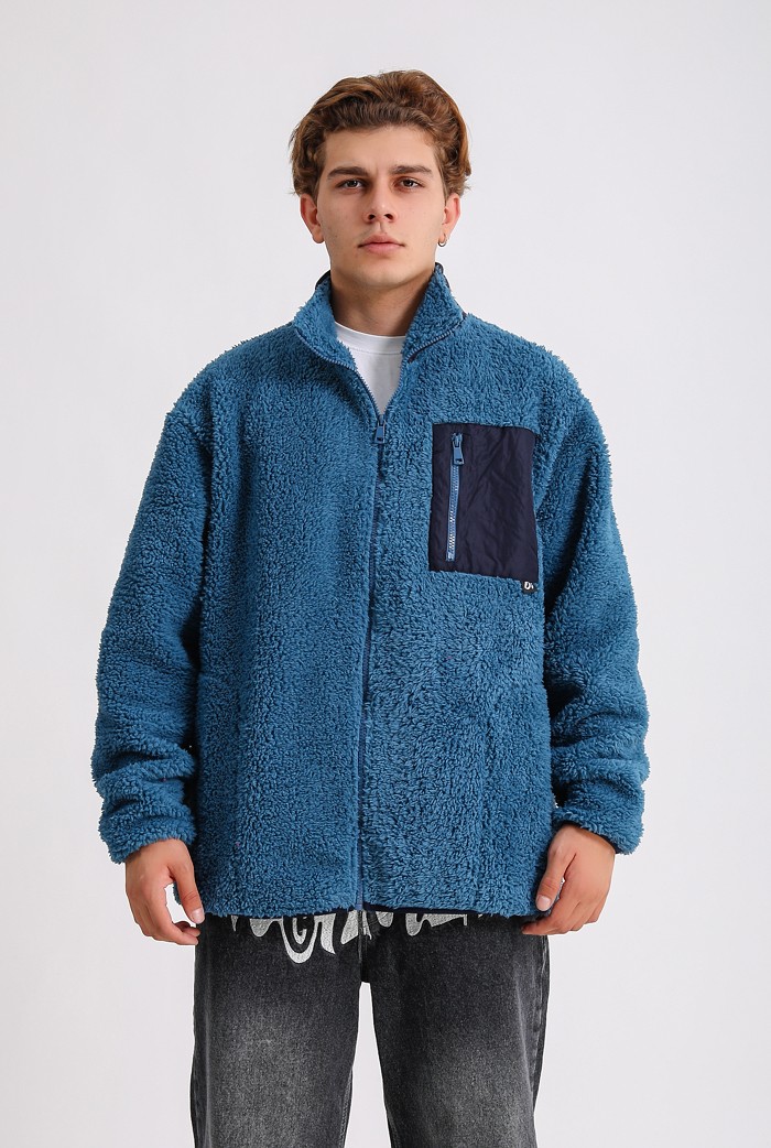 Peluş Full-Zip Premium Oversize Ceket - Mavi