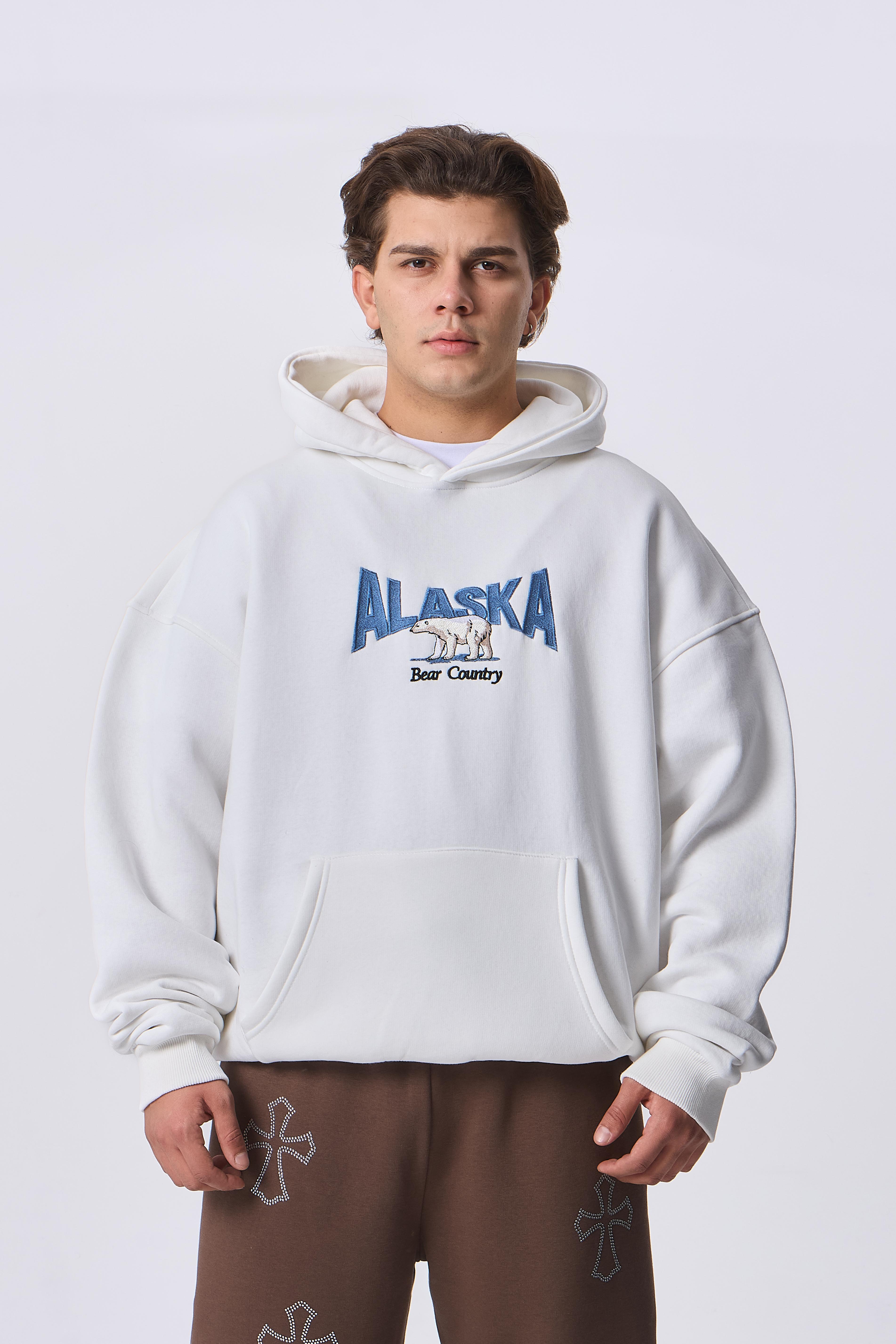 Alaska Bear Country Nakışlı Kapüşonlu Oversize Sweatshirt 