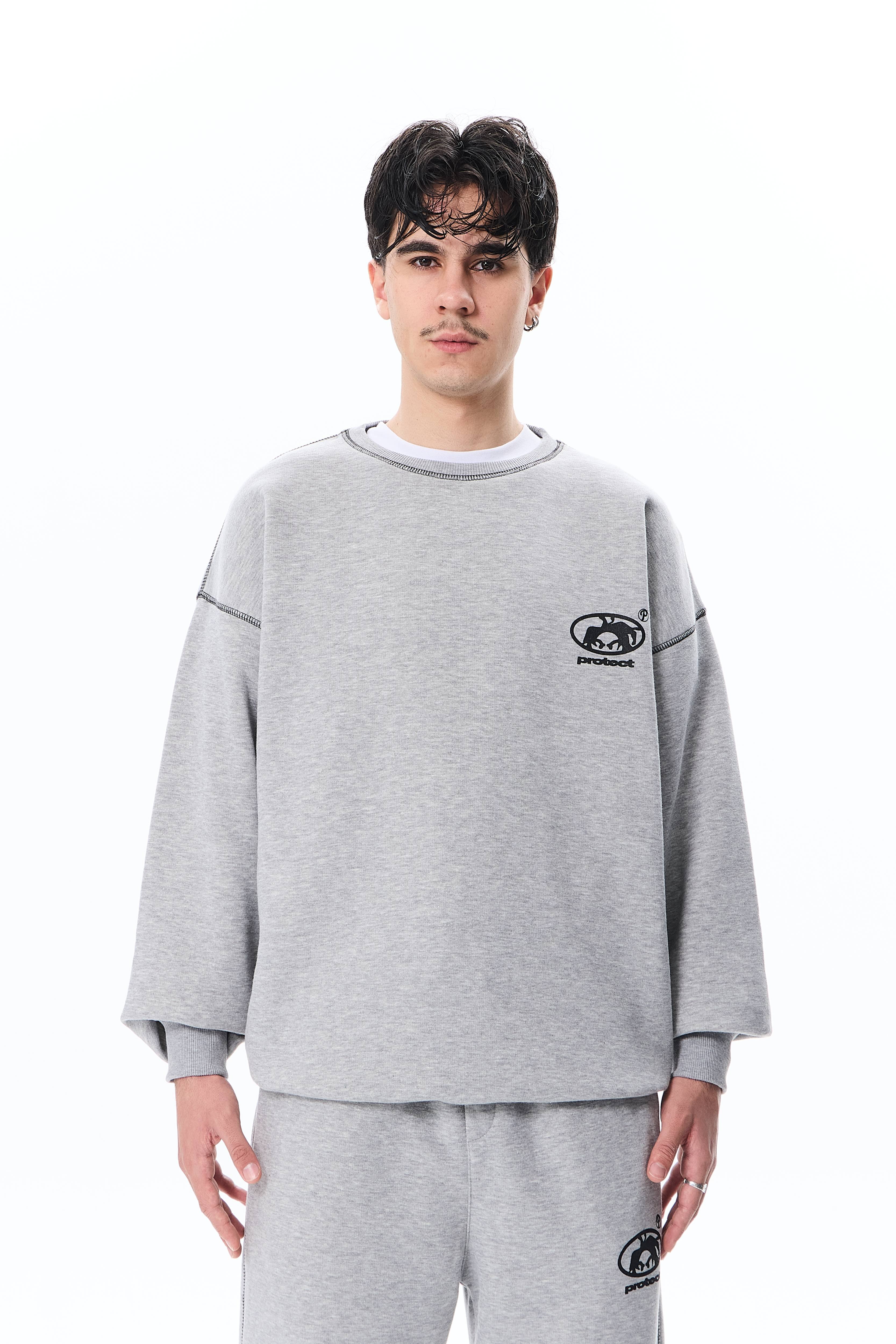 Protect Baskılı Premium Oversize Sweatshirt - Açık Gri