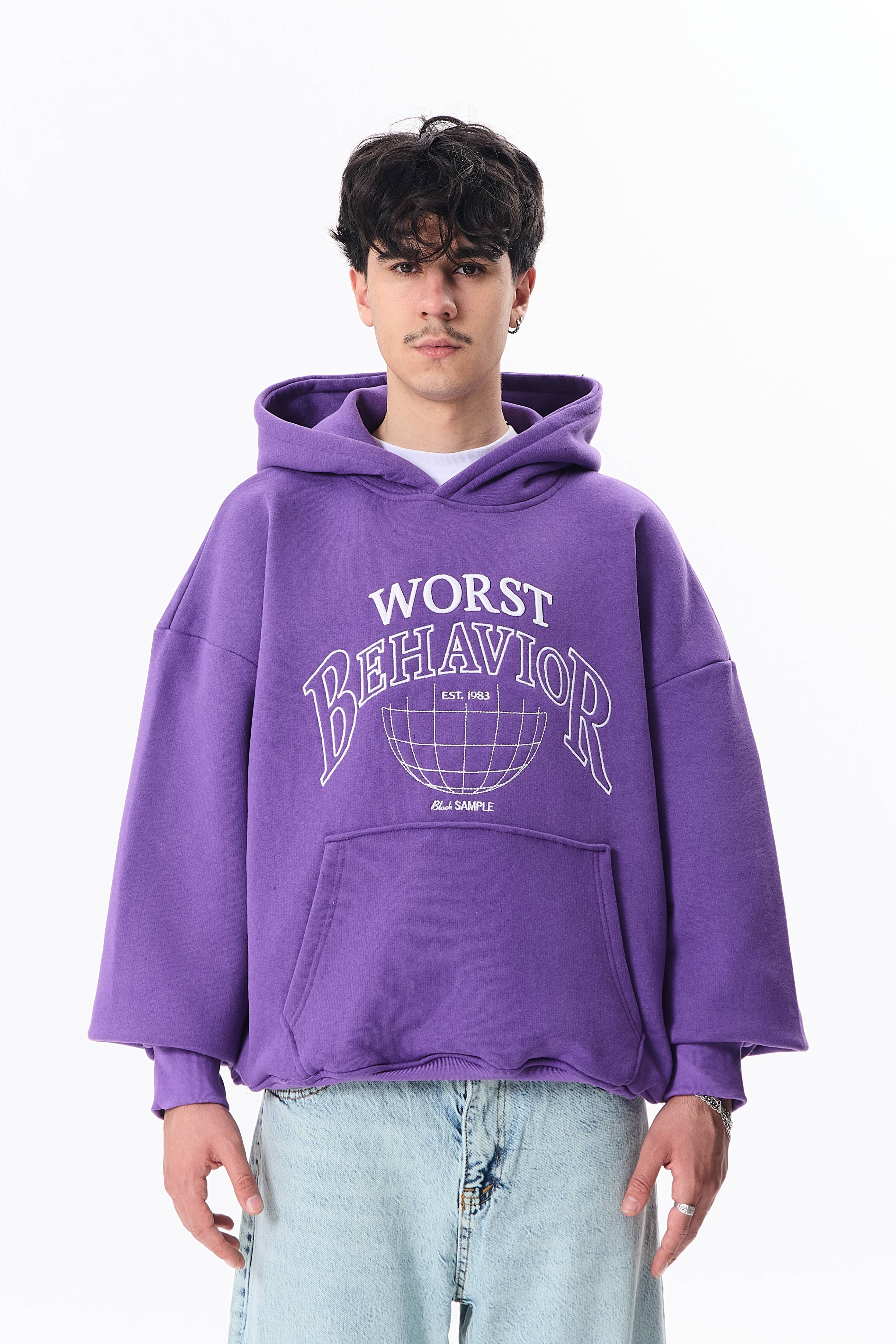 Worst Behavior Nakışlı Premium Oversize Sweatshirt - Mor